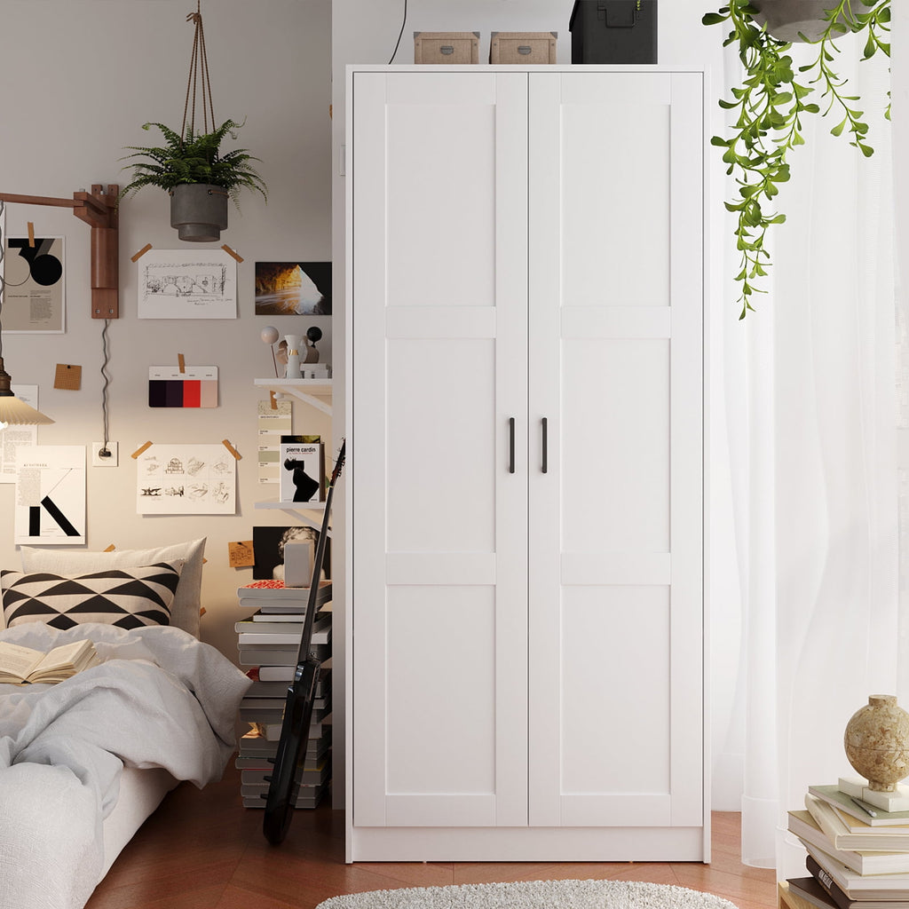 Wood White Wardrobe Closet with 2 Doors，Bedroom Freestanding Armoire Storage Cabinet with Shelves，Wooden Wardrobe Combination for Hanging Clothes