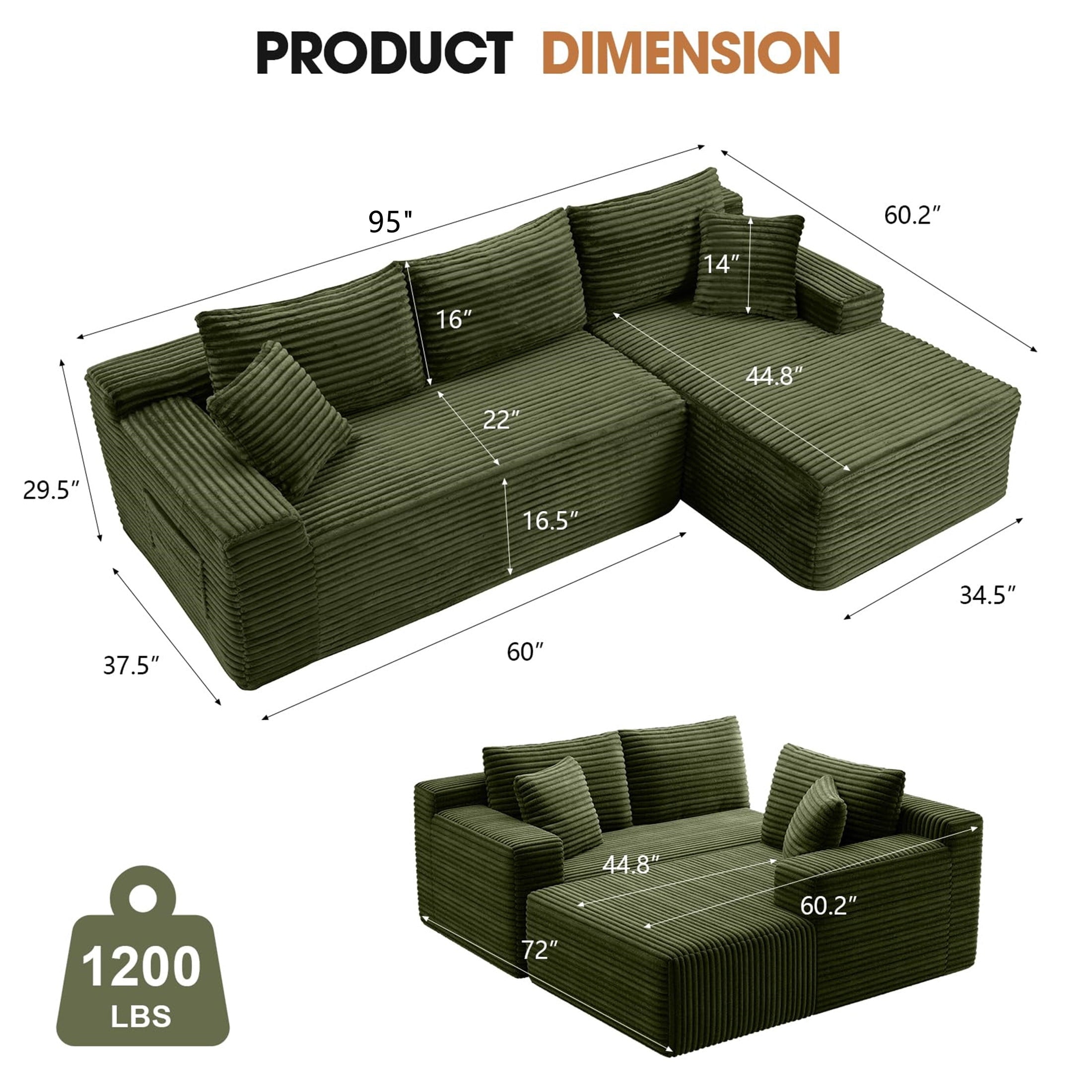 Aukfa 95 Cloud Sectional Sofa Deep Seat Boneless Couch Modular L-Shaped Couch, Left Chaise Corduroy Sofa for Living Room, Black