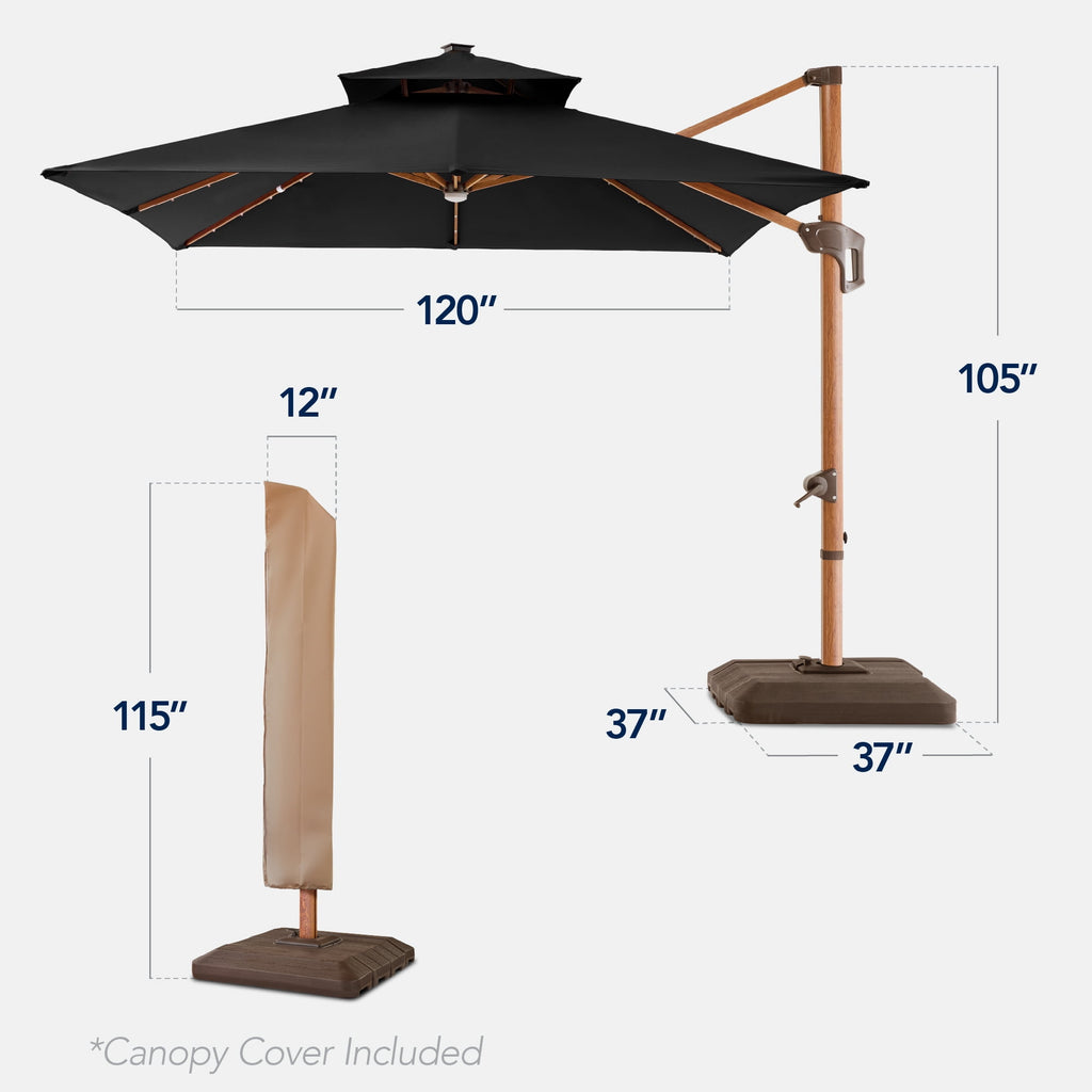 Best Choice Products 10ft Square Woodgrain Pattern 2-Tier Outdoor Solar LED Cantilever Umbrella w/ Base - Gray