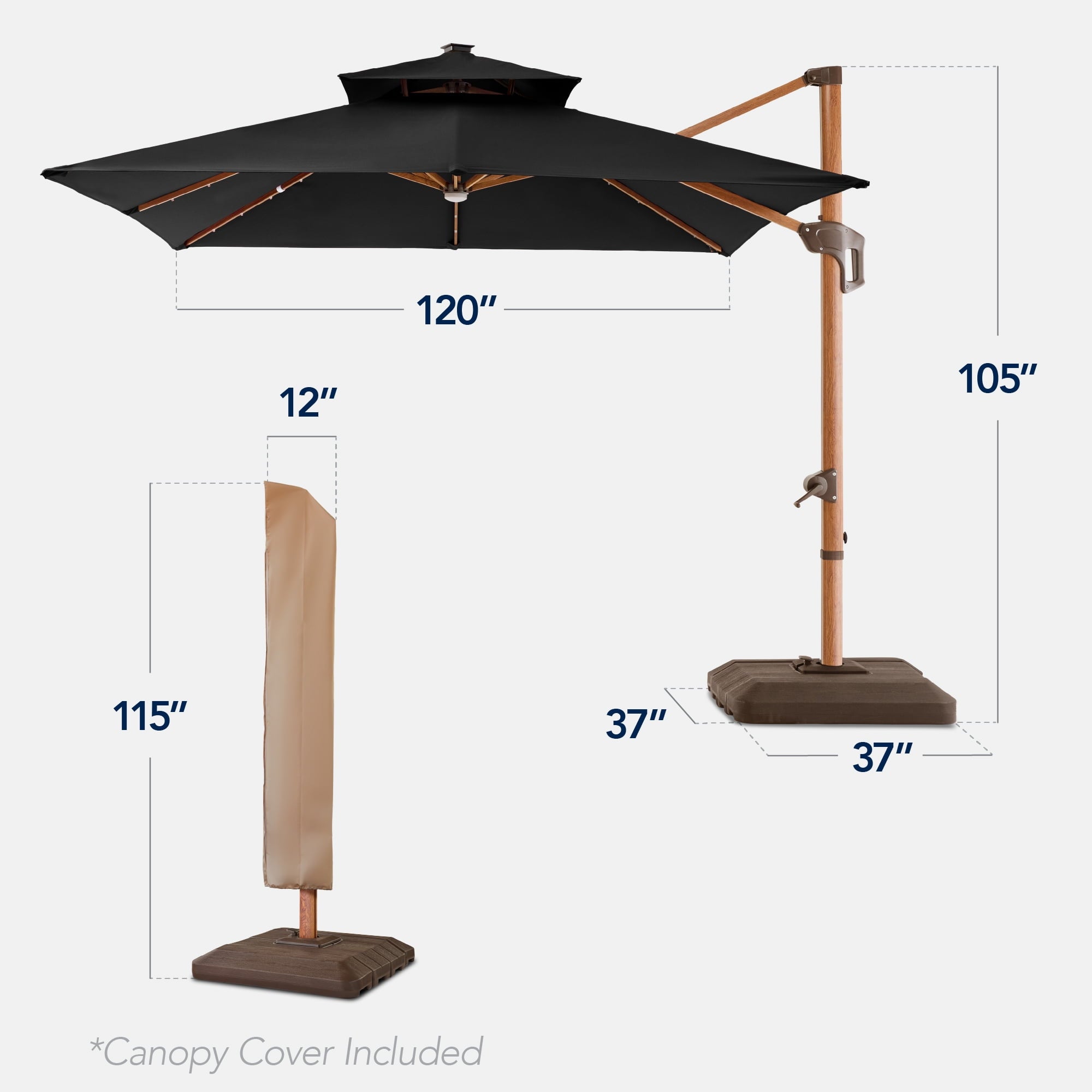 Best Choice Products 10ft Square Woodgrain Pattern 2-Tier Outdoor Solar LED Cantilever Umbrella w/ Base - Gray