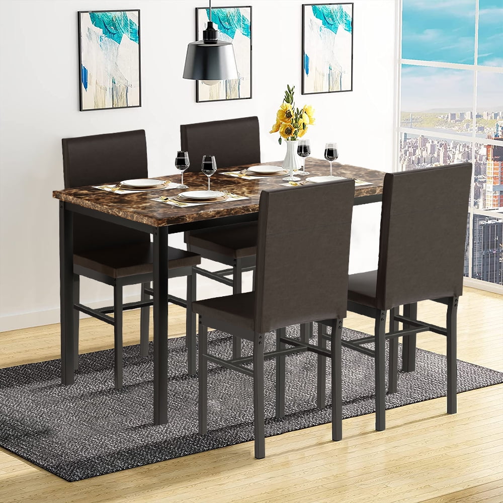 5 Piece Dining Table Set, Modern Faux Marble Tabletop and 4 PU Leather Upholstered Chairs, Rectangle Kitchen Table and Chairs for 4 Persons, Small Dining Set for Bar Dining Room Breakfast Nook