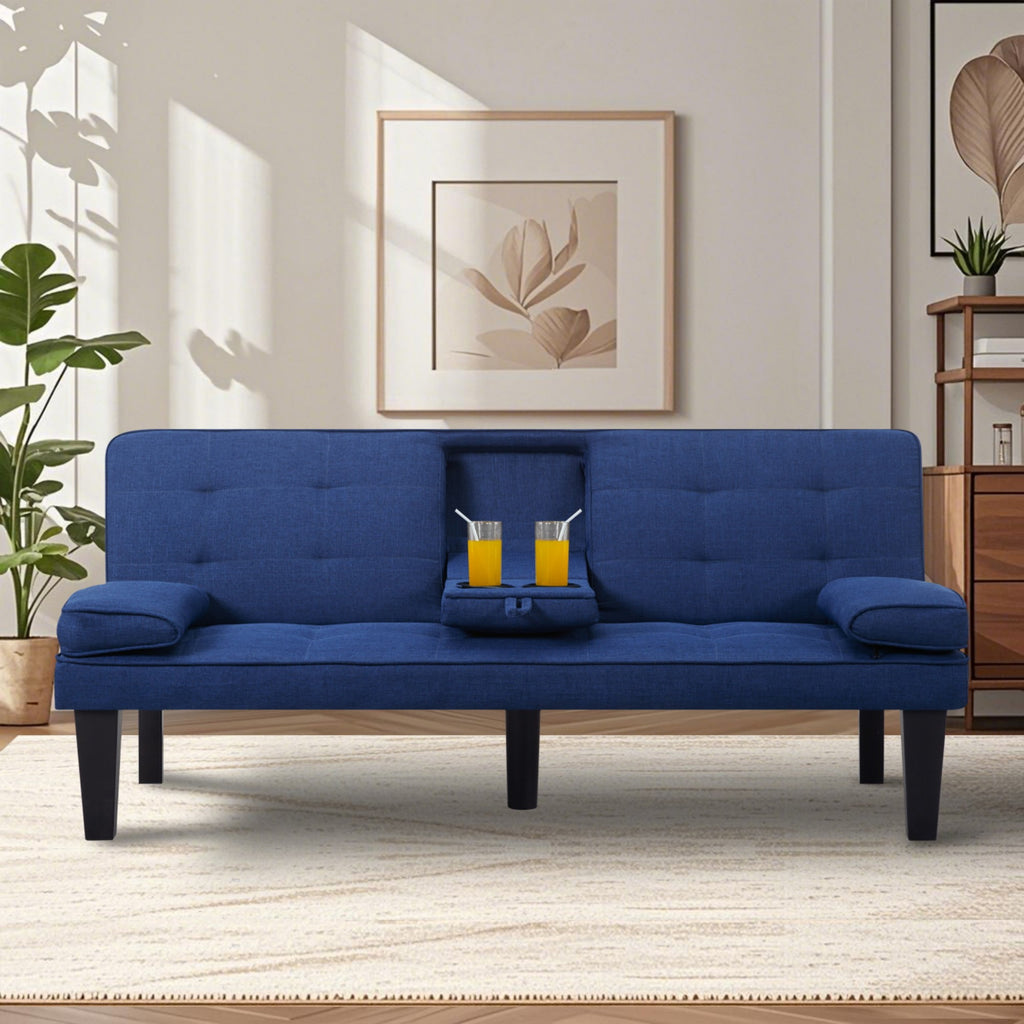 BSHTI 65 Modern Velvet Futon Sofa Bed with Drop Down Cup Holders, 3-Position Adjustable Backrest, Removable Arm Cushions, Chrome Legs for Living Room & Guest Room Black