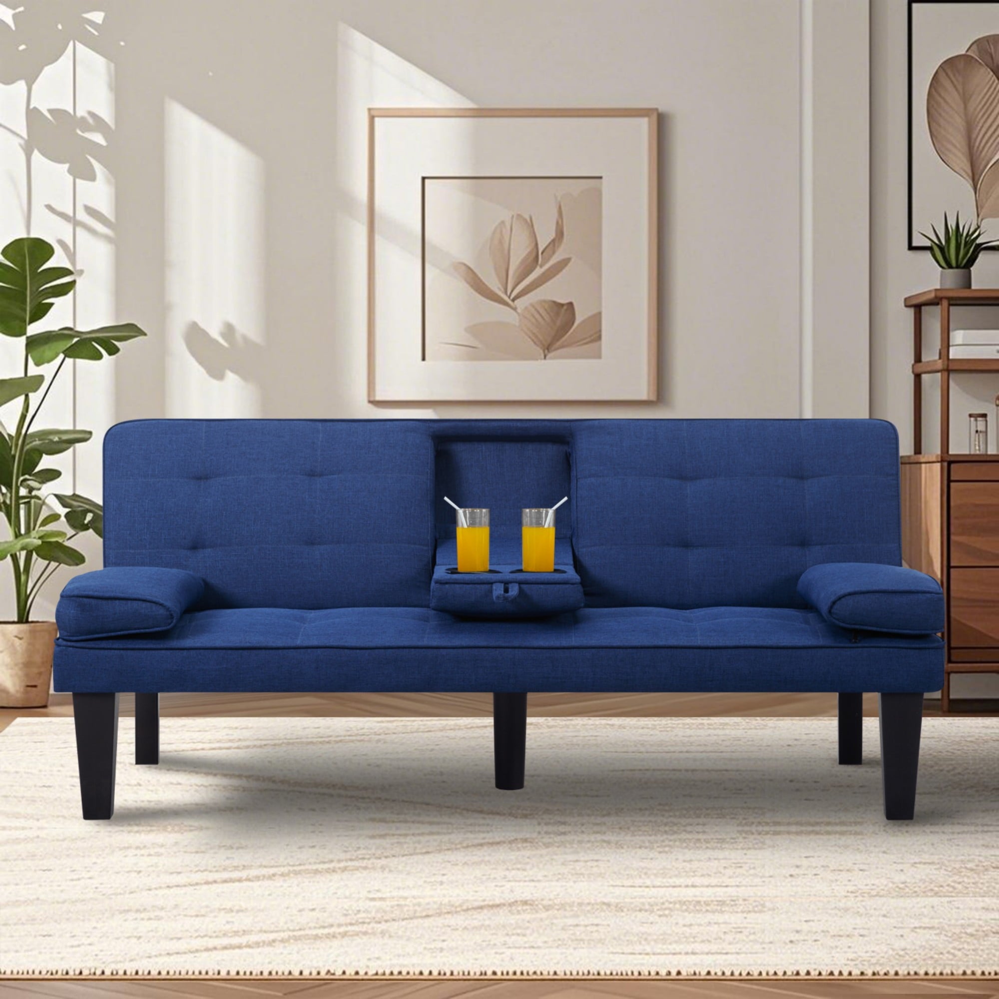 BSHTI 65 Modern Velvet Futon Sofa Bed with Drop Down Cup Holders, 3-Position Adjustable Backrest, Removable Arm Cushions, Chrome Legs for Living Room & Guest Room Black