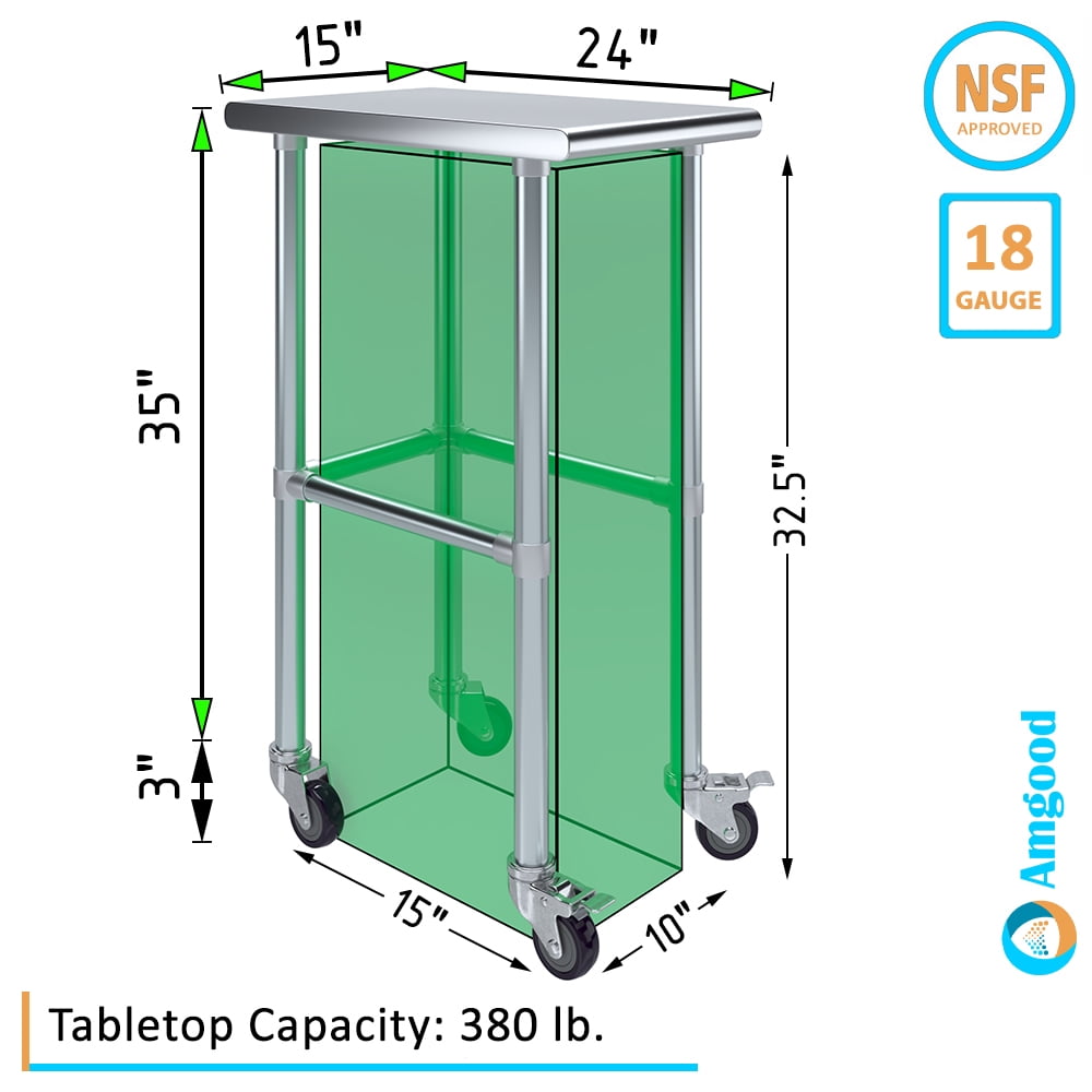 AmGood 36 Long x 30 Deep Stainless-Steel Work Table with Open Base and Wheels, Mobile Metal Table