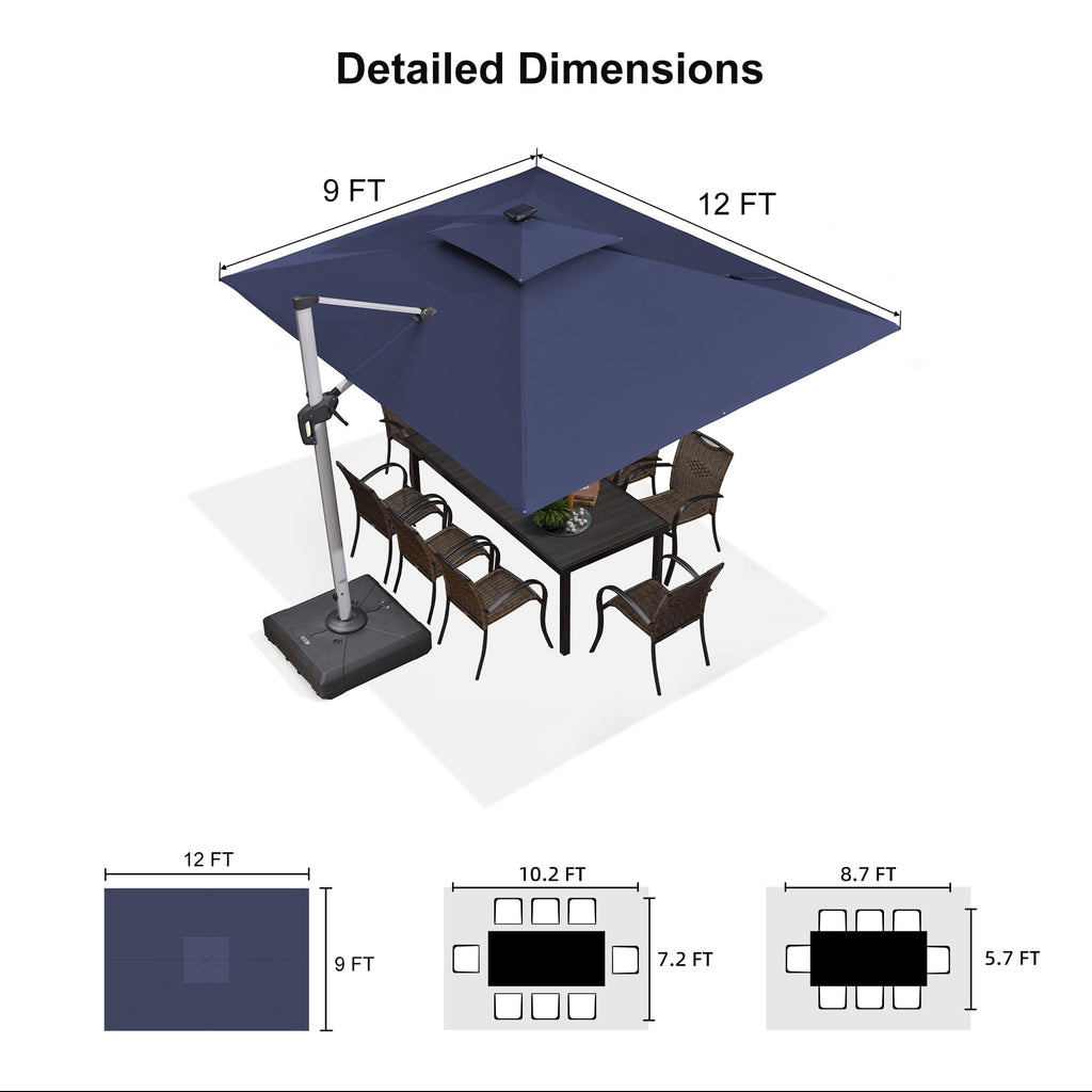 PURPLE LEAF 9 x 12FT Deluxe Rectangle Solar Powered LED Patio Umbrella with Base, Large Offset Cantilever Umbrella with 360° Rotation, Navy Blue