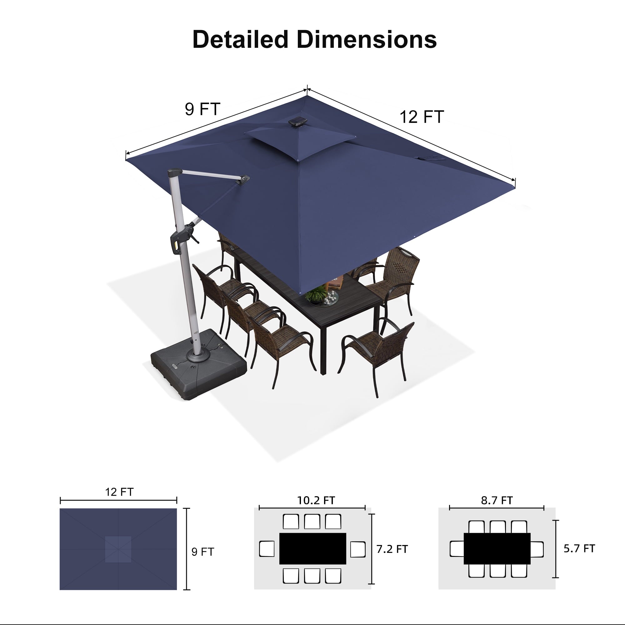PURPLE LEAF 9 x 12FT Deluxe Rectangle Solar Powered LED Patio Umbrella with Base, Large Offset Cantilever Umbrella with 360° Rotation, Navy Blue