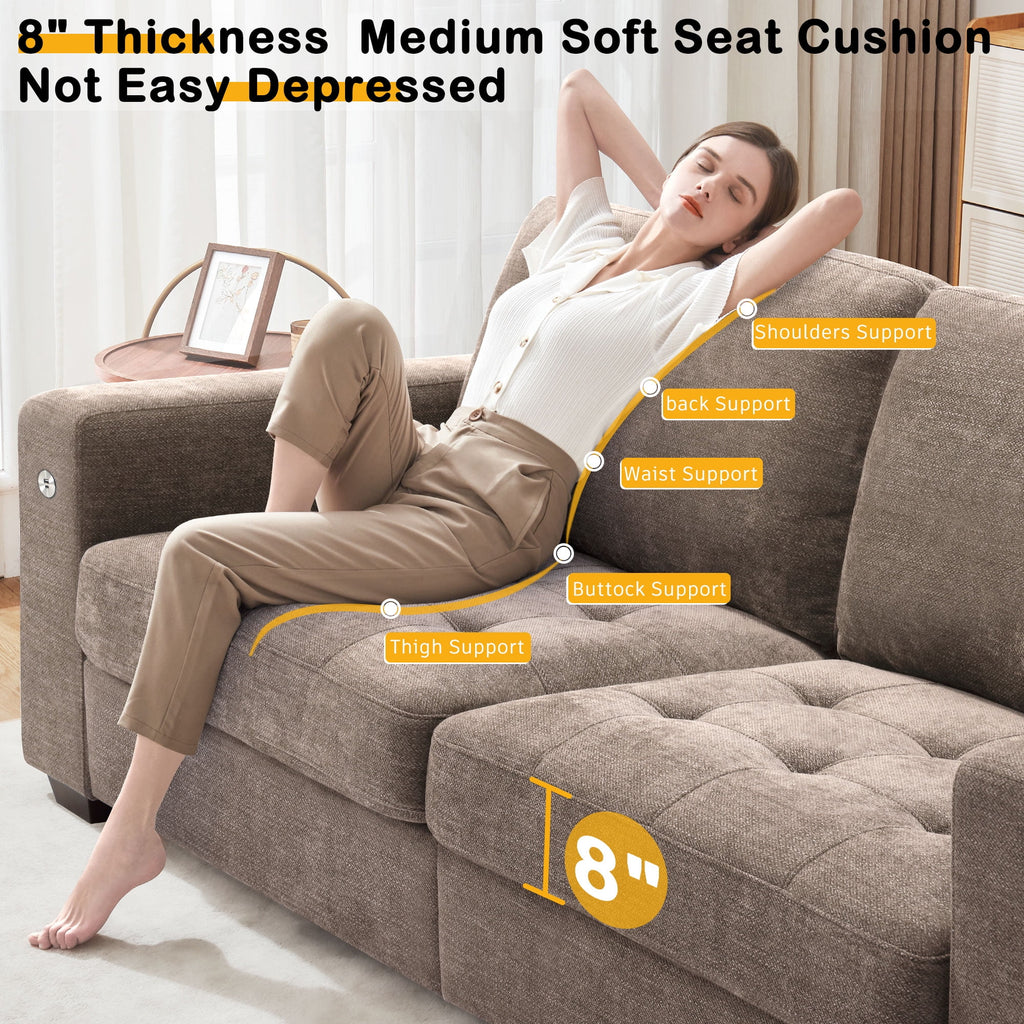 Bedluxury 89 Deep Sofa Couch with USB/Type-C Charging, Storage Pocket & Wide Armrest, Removable Cover, Seats 3 Adults, Chenille Beige