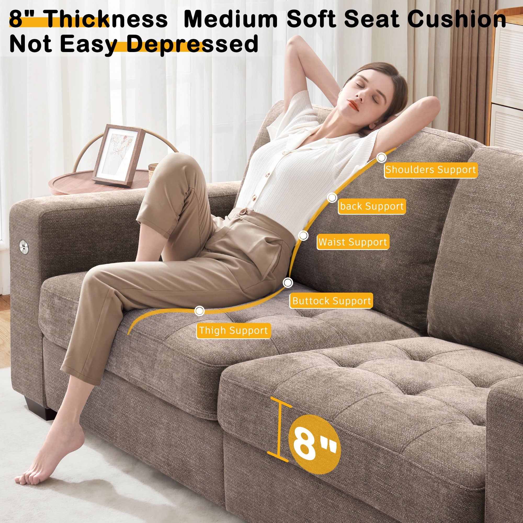 Bedluxury 89 Deep Sofa Couch with USB/Type-C Charging, Storage Pocket & Wide Armrest, Removable Cover, Seats 3 Adults, Chenille Beige