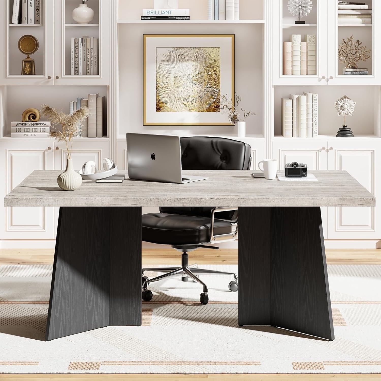 Dining Table for 6-8 People - 63 Modern Long Kitchen Table with Large Tabletop & Heavy Duty Pedestal Legs, Dinner Table for Kitchen, Conference Room, Home, Walnut