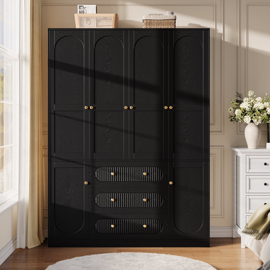 UGTOO 72H 4-Door Wardrobe Armoire with 3 Hanging Rods & 3 Drawers – Black Wooden Closet Storage Cabinet, Large Capacity Freestanding Clothes Organizer for Bedroom