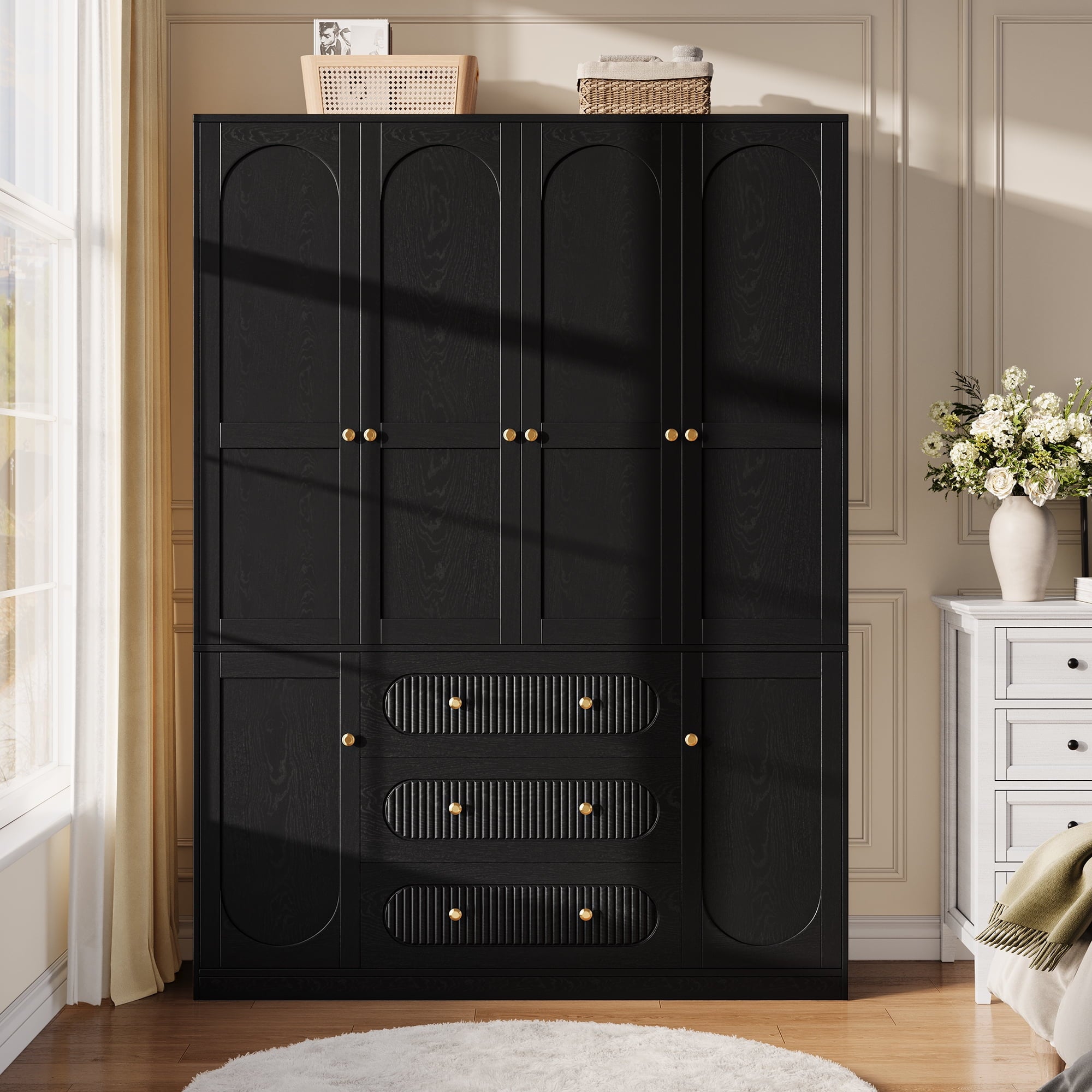 UGTOO 72H 4-Door Wardrobe Armoire with 3 Hanging Rods & 3 Drawers – Black Wooden Closet Storage Cabinet, Large Capacity Freestanding Clothes Organizer for Bedroom