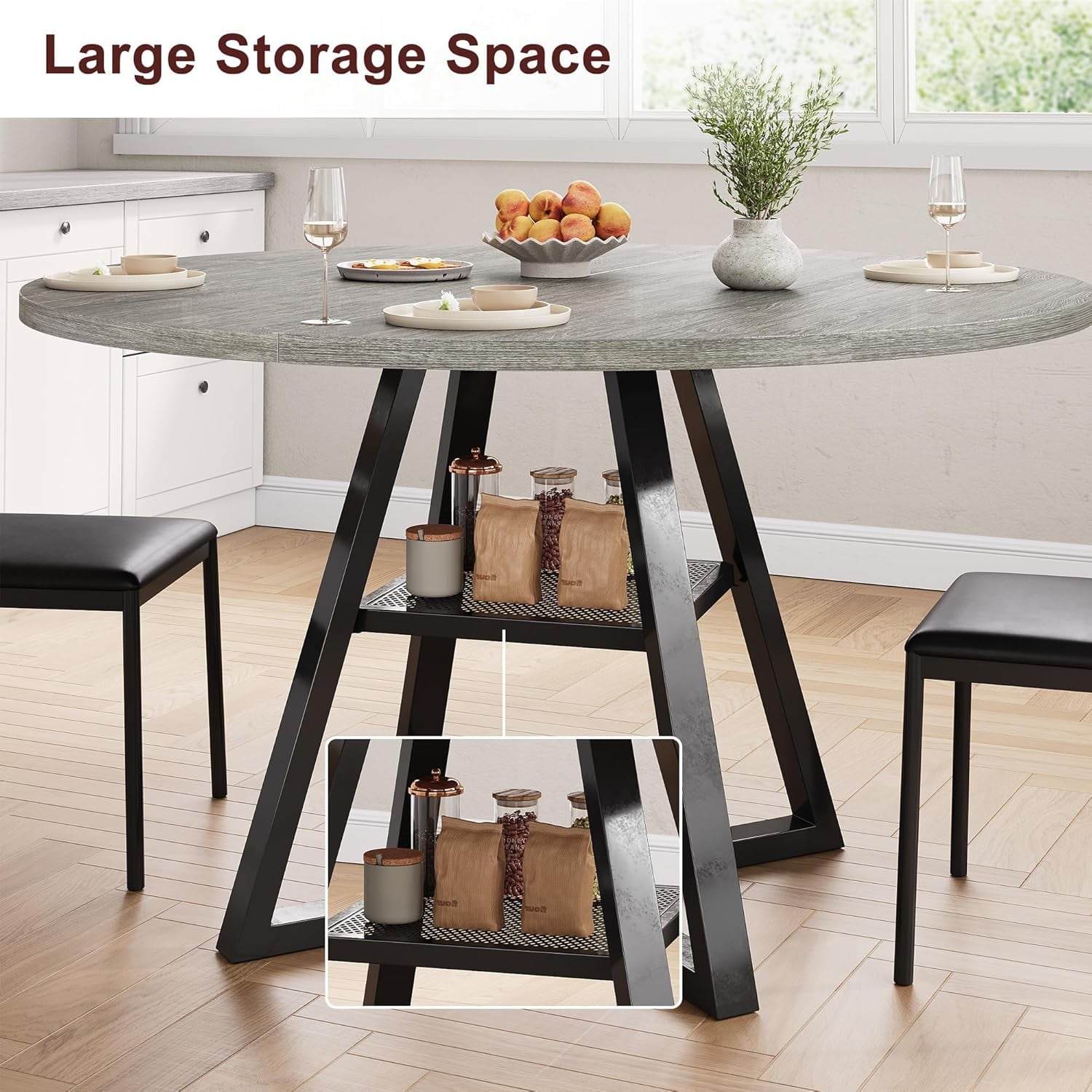 Behome 42” Round Dining Table for 4-6,Wooden Kitchen Table with Storage Shelf,Farmhouse Circle Tables for Dining Room, Living Room