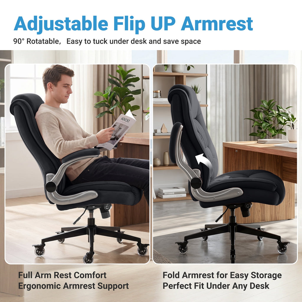 Ergonomic Home Office Chair with Locking Wheels, High-back Desk Chair with Thick Padded Flip-up Armrest, Comfy Executive Chair with Adjustable Lumbar Support for Home & Office & Work