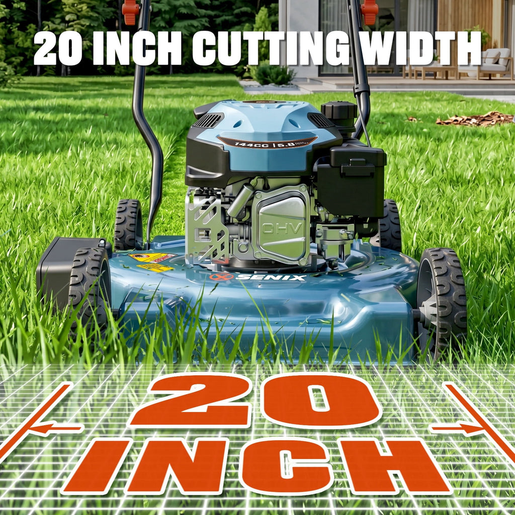 SENIX Gas Lawn mower, 20in Cutting Blade 21in Cutting Deck, 144cc 4-Cycle Engine, Steel Deck with Side Discharge, LSPG-L4