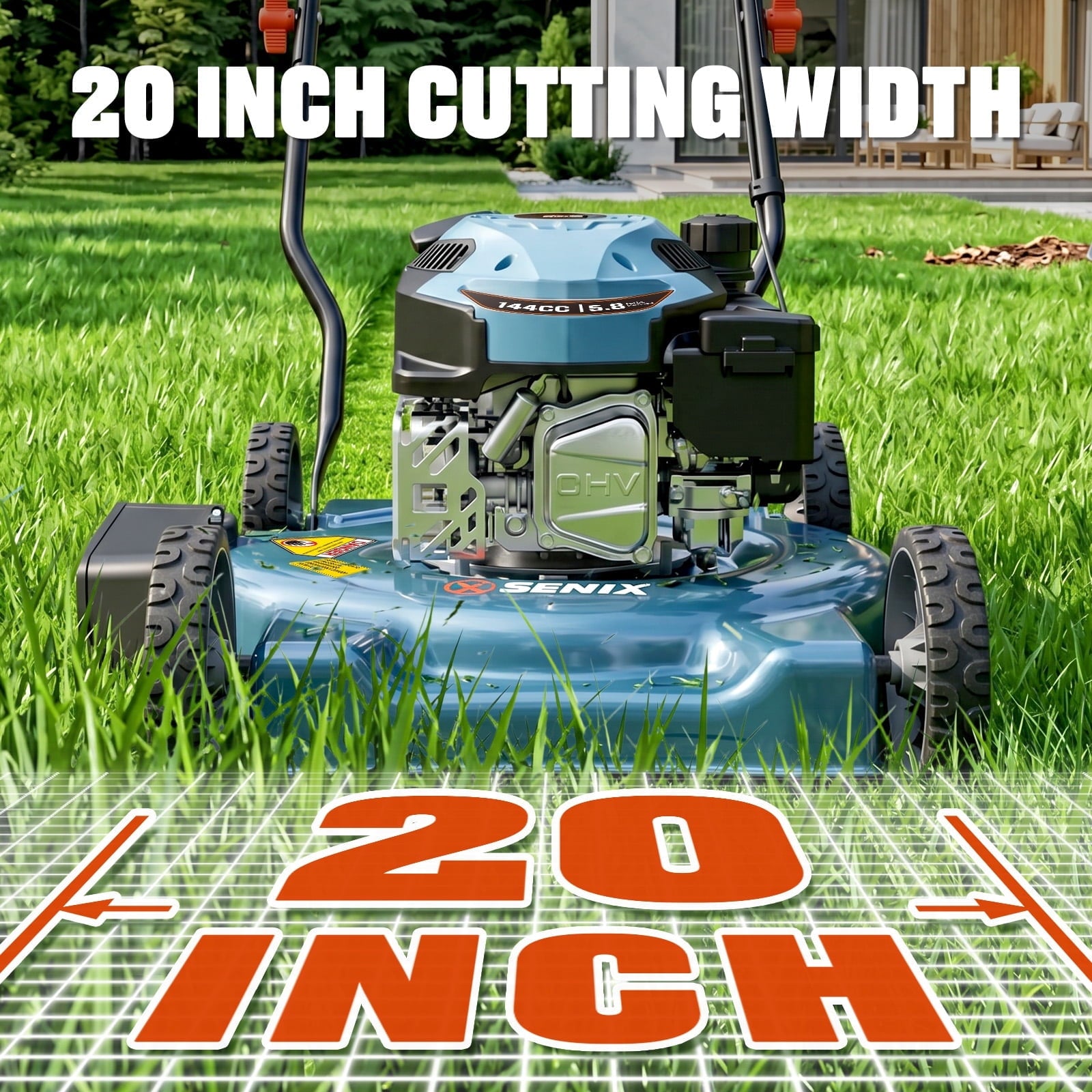 SENIX Gas Lawn mower, 20in Cutting Blade 21in Cutting Deck, 144cc 4-Cycle Engine, Steel Deck with Side Discharge, LSPG-L4