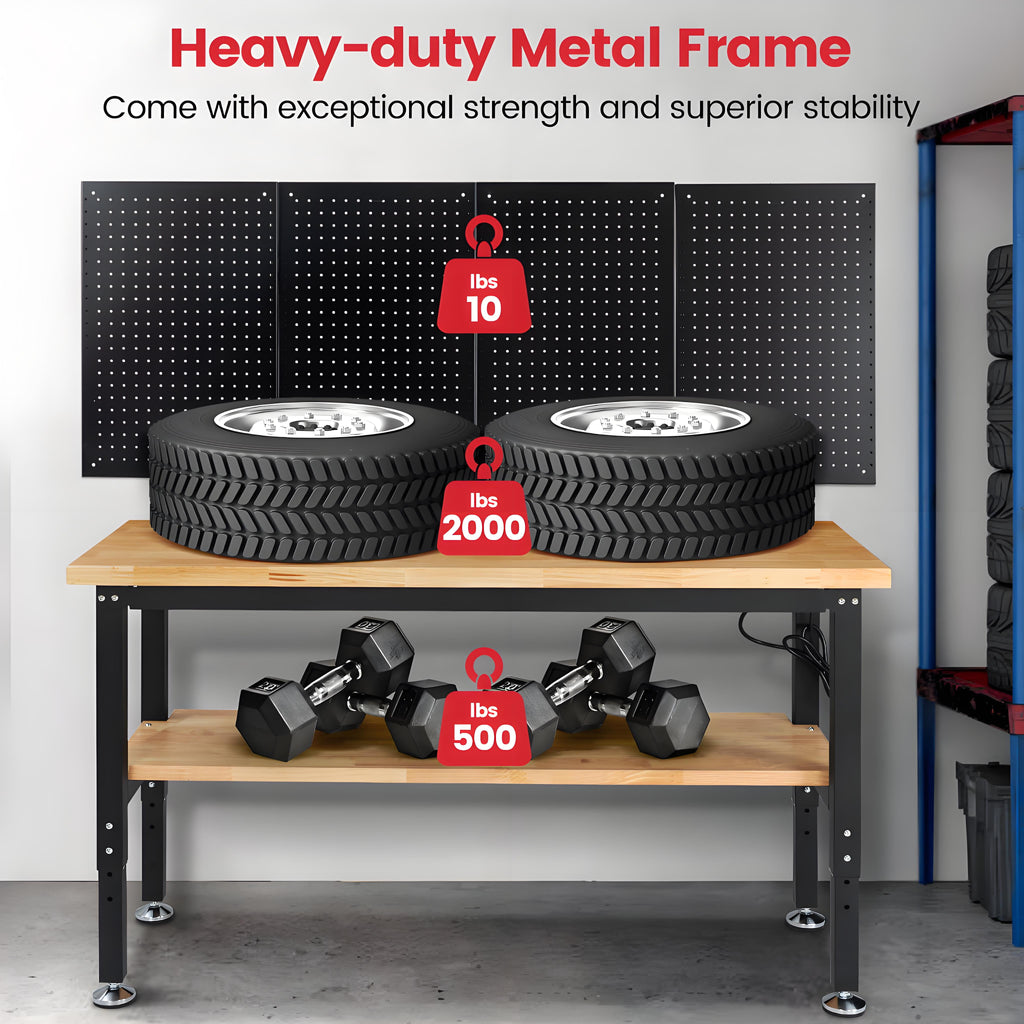 Workbench for Garage,ENJOYWOOD Heavy-Duty 60 inch 2 Tier Wood Work Bench with Storage Pegboards,Rubber Mat,Power Outlets, Rubber Wood Tabletop 2000 LBS Load Bearing Workstation Garage Desk Work Table