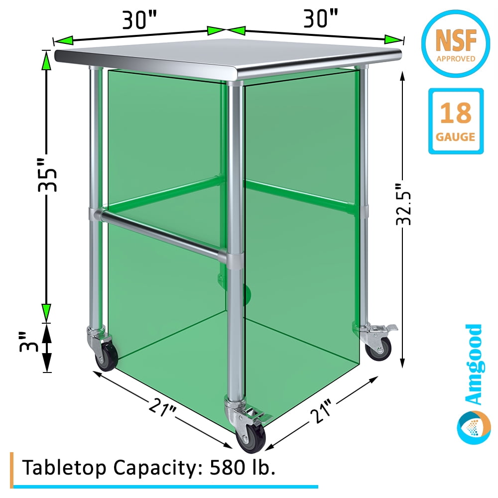 AmGood 36 Long x 30 Deep Stainless-Steel Work Table with Open Base and Wheels, Mobile Metal Table
