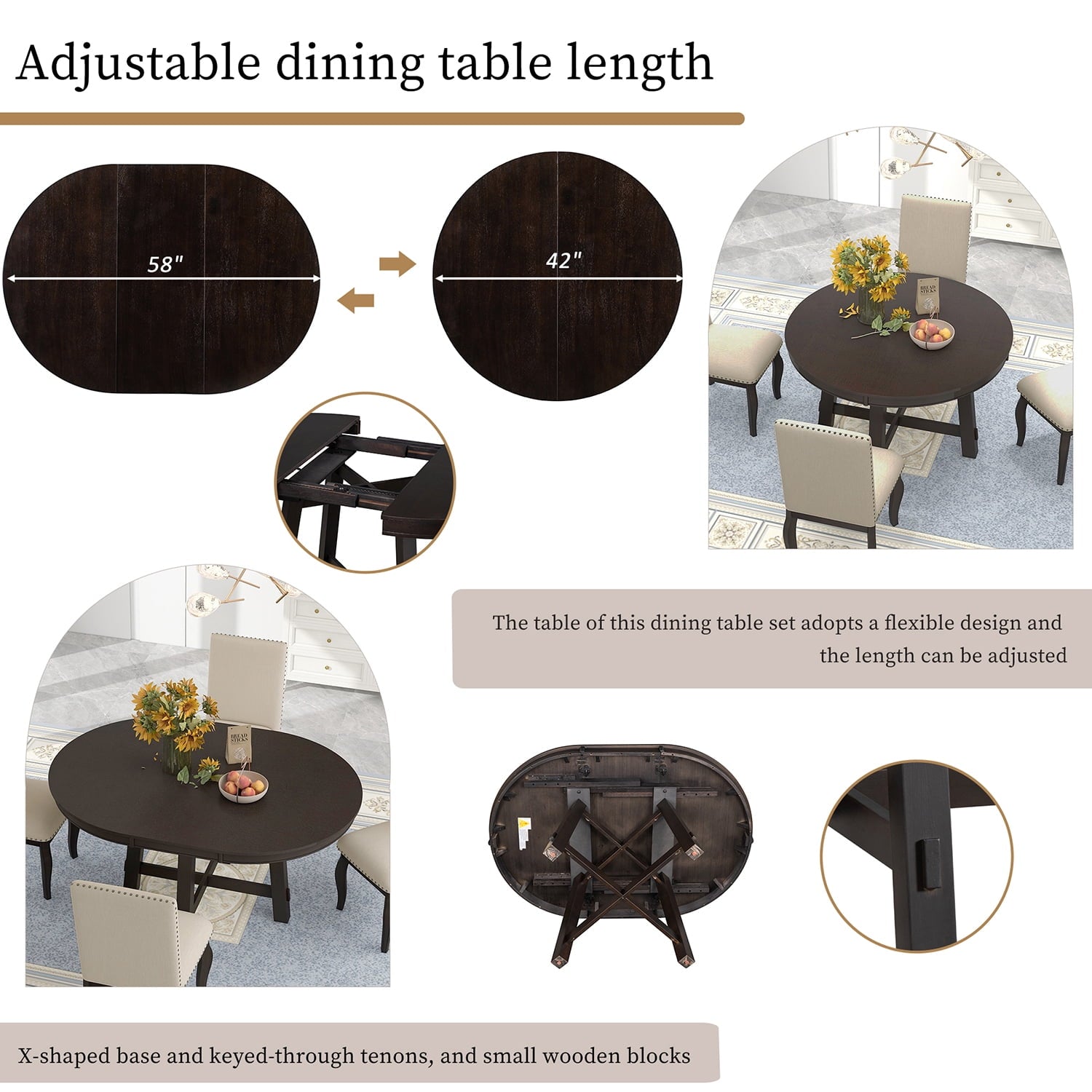 Harper & Bright Designs Extendable Dining Table Set for 4 Upholstered Chairs Functional Retro Style Table for Dining Room Kitchen, Natural Wood Wash