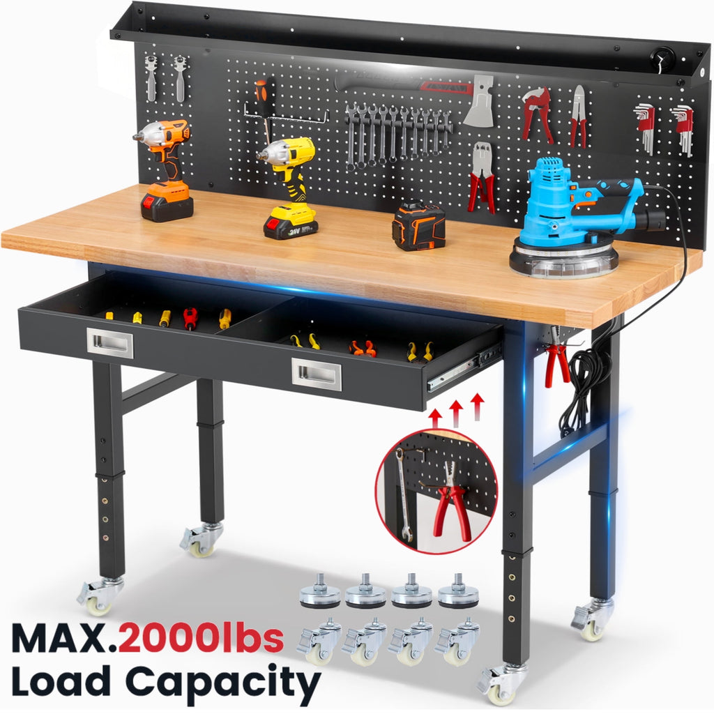 Workbench for Garage,ENJOYWOOD Heavy Duty 48 inch Wood Work Bench with Drawers,Led Lights, Pegboard and Wheels,Rubber Wood Tabletop,2000 LBS Load Bearing Workstation Garage Desk Table Worktable