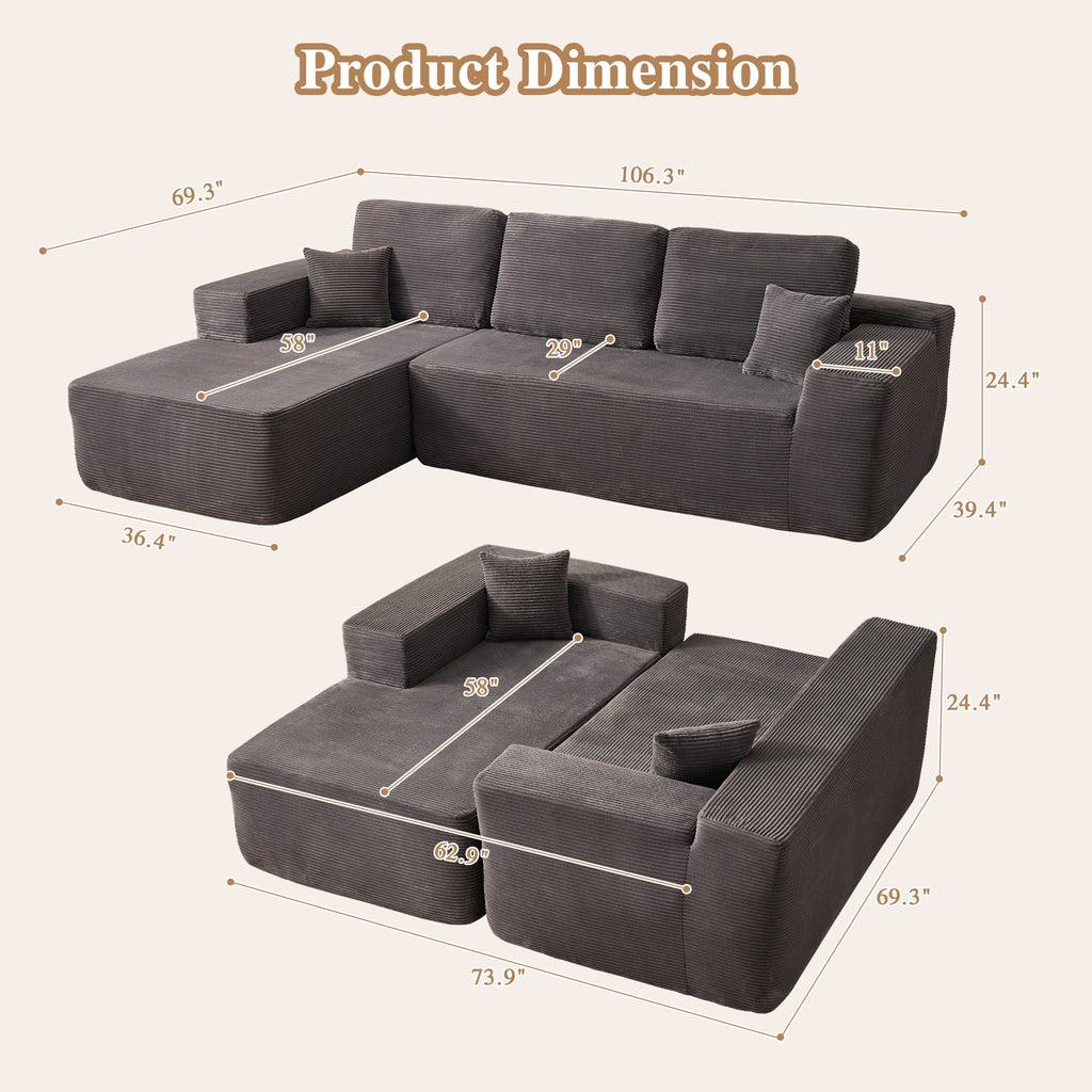 Ovios 106 Cloud Sofa Couch No Assembly Boneless Deep Seat Sofa for Living Room, Black (Corduroy)