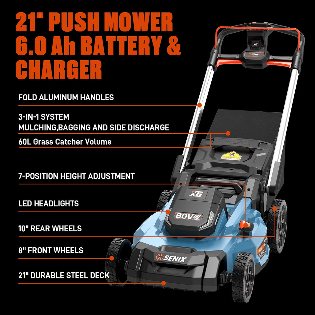 SENIX X6 60V 21 Self Propelled Lawn Mower , 8Ah Battery & Rapid 8A Charger, 3-in-1 Brushless, Smart LED Display, 7-Height Adjustment, 3-Mode, Variable Speed Push Mower