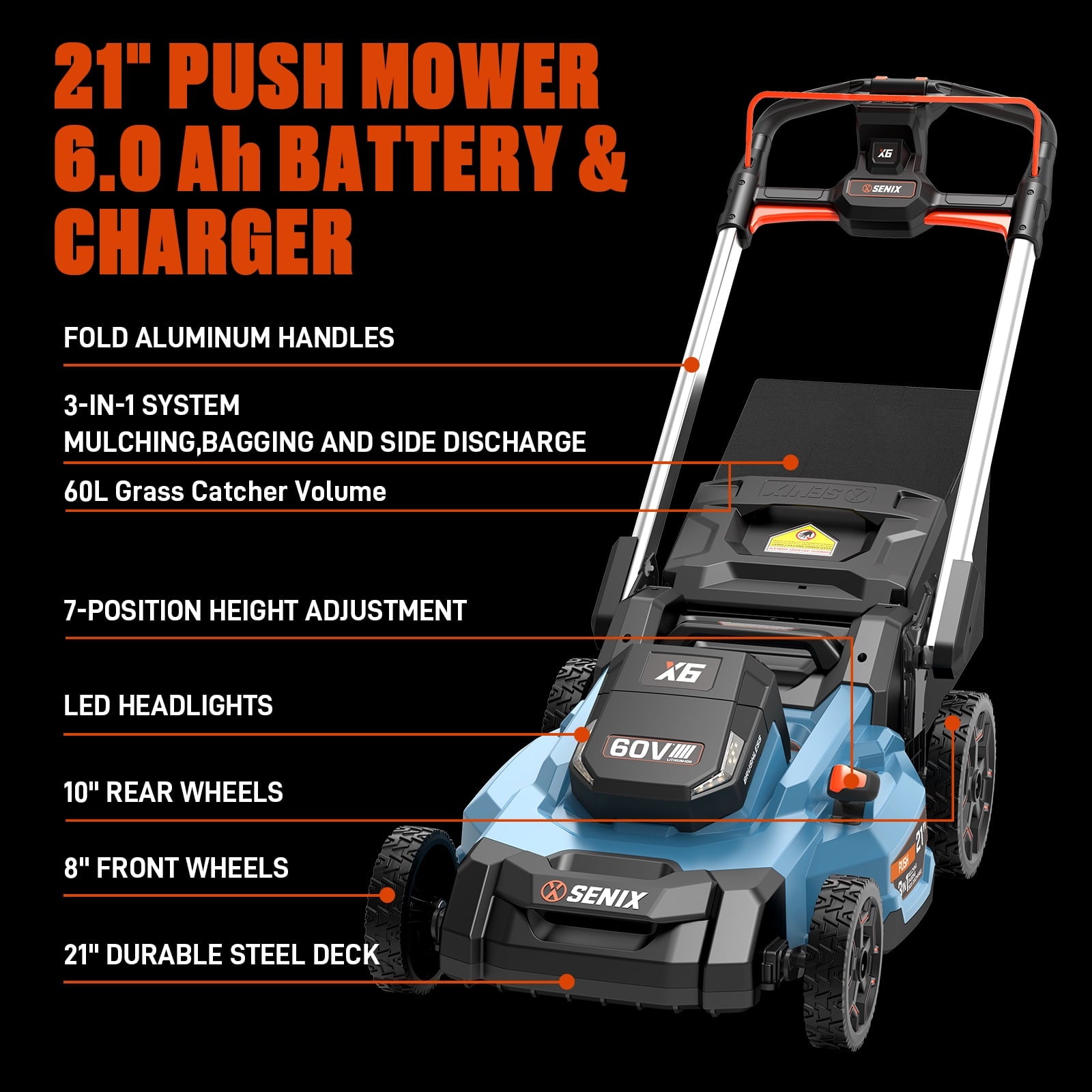SENIX X6 60V 21 Self Propelled Lawn Mower , 8Ah Battery & Rapid 8A Charger, 3-in-1 Brushless, Smart LED Display, 7-Height Adjustment, 3-Mode, Variable Speed Push Mower