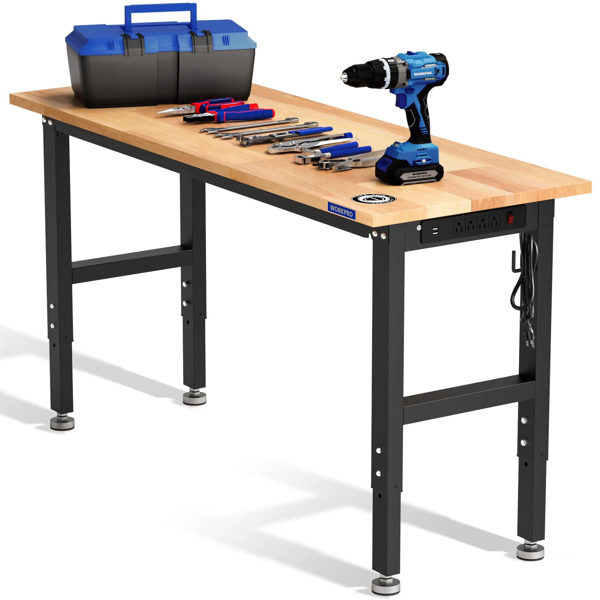 WORKPRO 60” x 24 Adjustable Workbench 1500 LBS Load Capacity Hardwood Worktable with Power Outlets, Leveling Foot