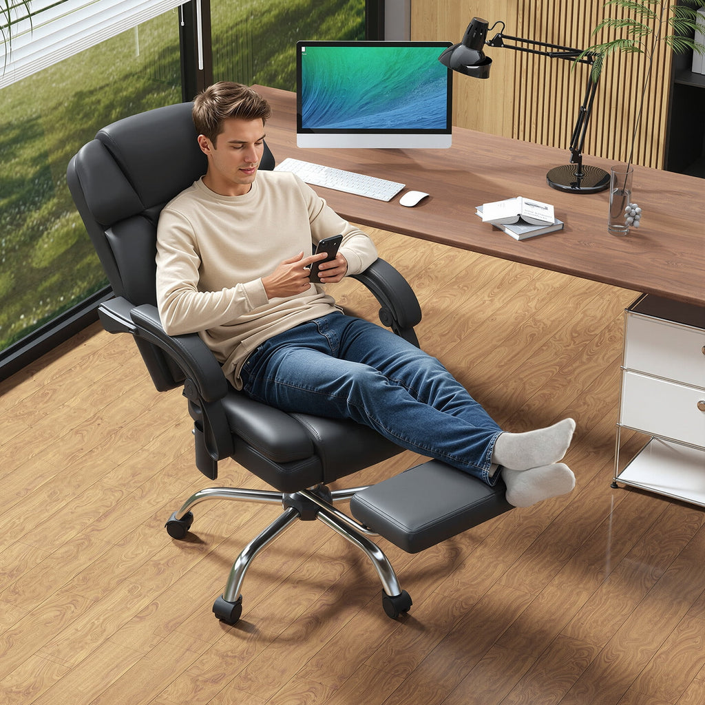 HOMREST Ergonomic Office Chair with 6-Point Massage & Heating, Adjustable Executive Desk Chair with Retractable Footrest, PU Leather Home Office Desk Chair for Home & Office (Black)