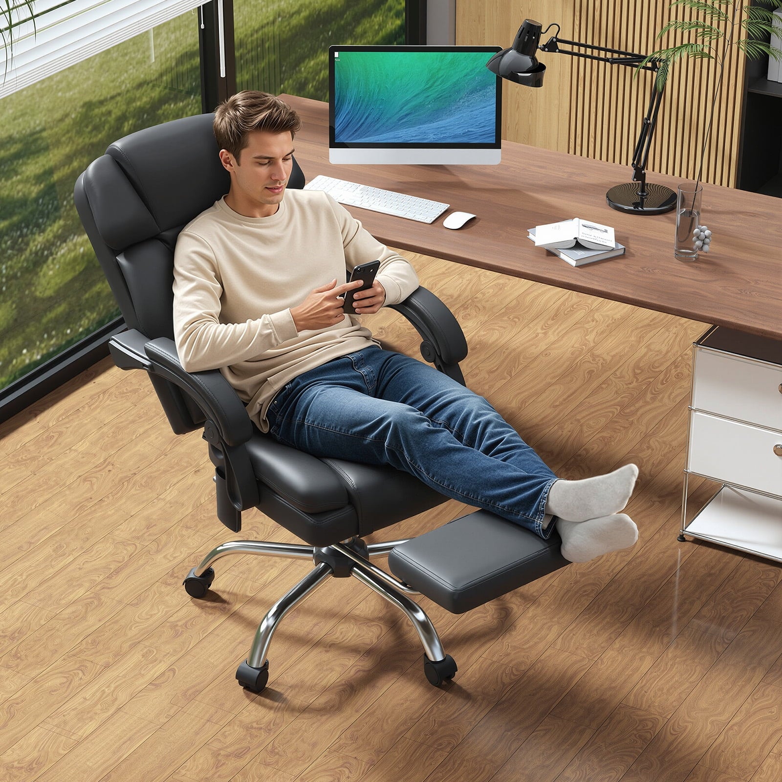 HOMREST Ergonomic Office Chair with 6-Point Massage & Heating, Adjustable Executive Desk Chair with Retractable Footrest, PU Leather Home Office Desk Chair for Home & Office (Black)