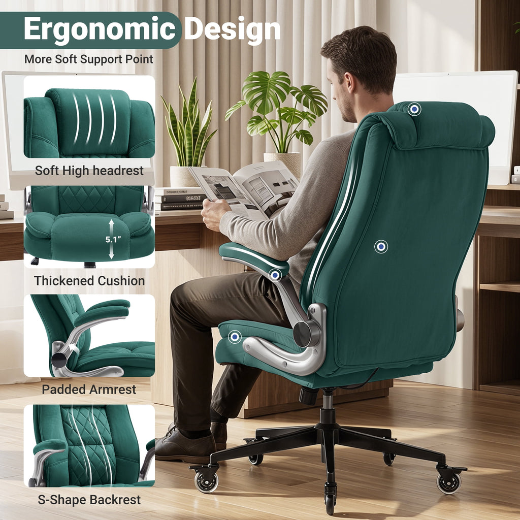 Ergonomic Home Office Chair with Locking Wheels, High-back Desk Chair with Thick Padded Flip-up Armrest, Comfy Executive Chair with Adjustable Lumbar Support for Home & Office & Work