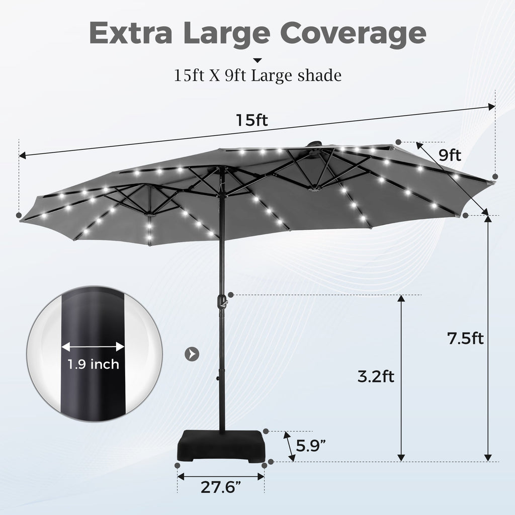 Alpha Joy 15ft Extra Large Outdoor Patio Double-Sided Umbrella with LED Solar Lights & Umbrella Base, Beige