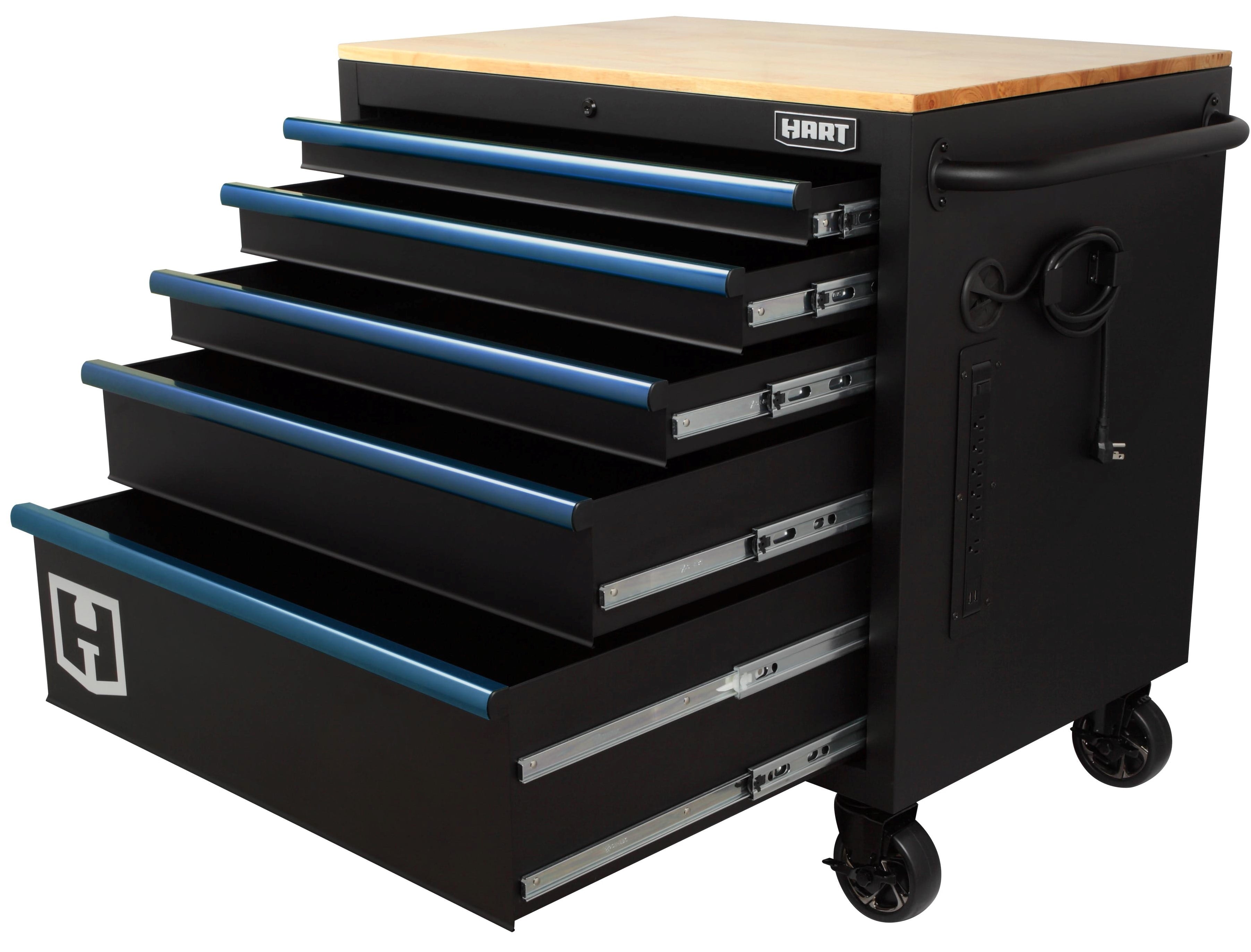 Hart 36-In W x 24-In D 5-Drawer Mobile Tool Chest Workbench W/ Wood Top, Garage Use