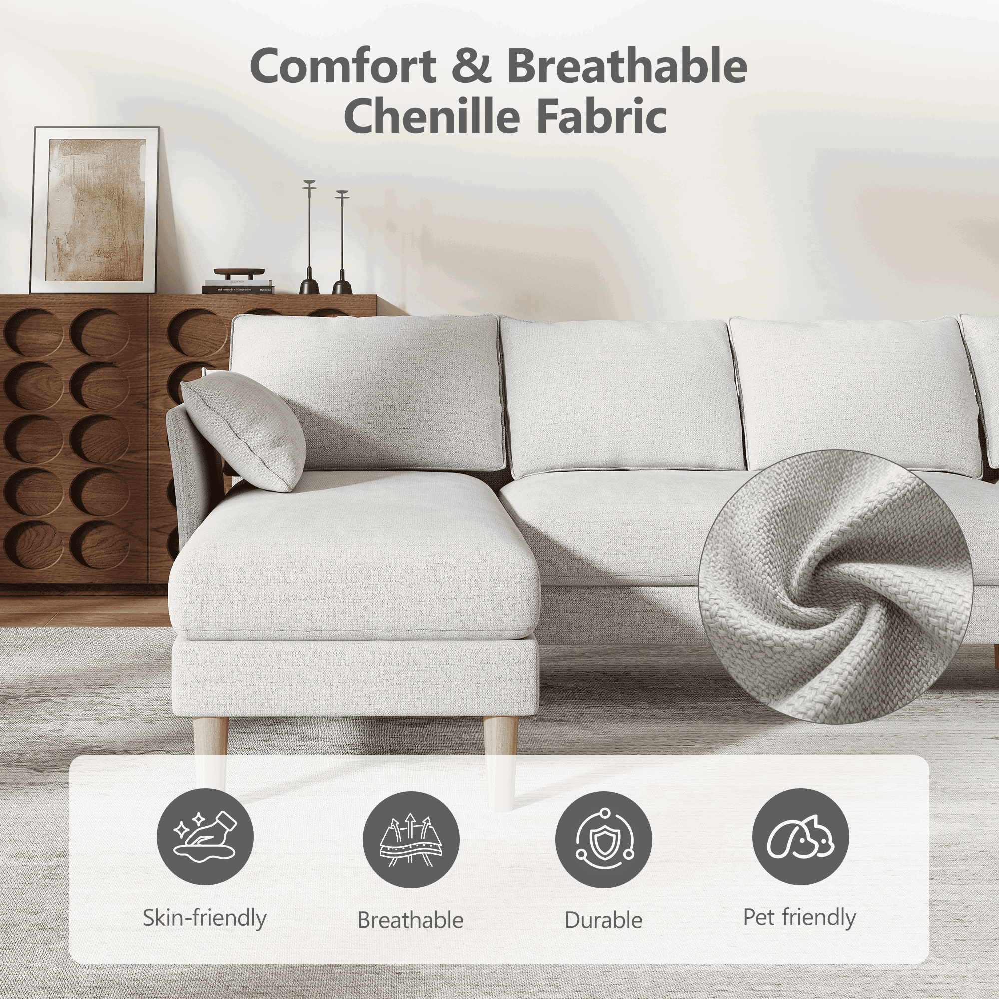 BedLuxury 100 U-Shape Sectional Sofa with Chaise, Chenille Modern Couch with High Legs for Living Room, Apartment, Beige
