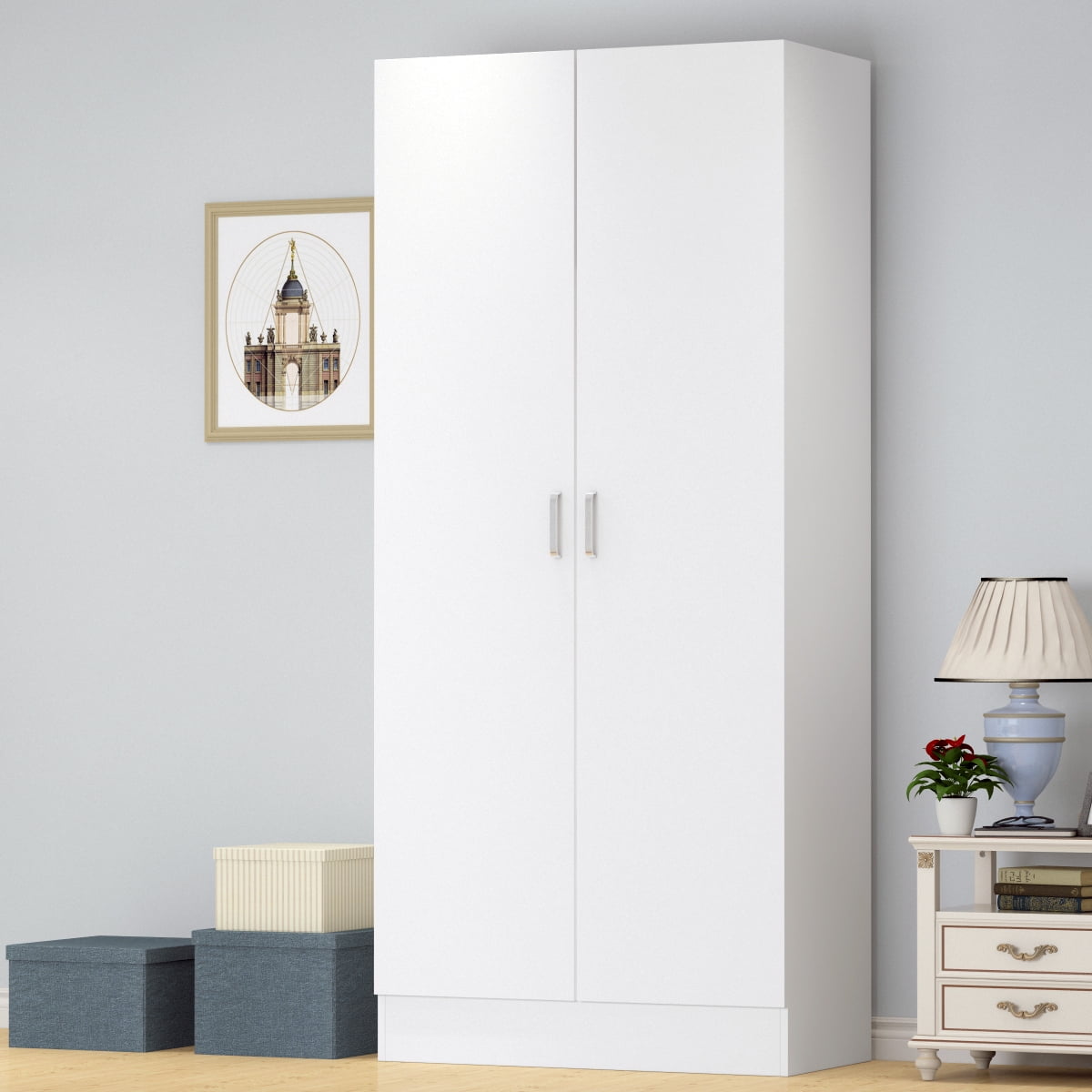 Wiawg 2 Door Wardrobe Armoire,Mirrored Closet Storage with Drawers and Shelves,White