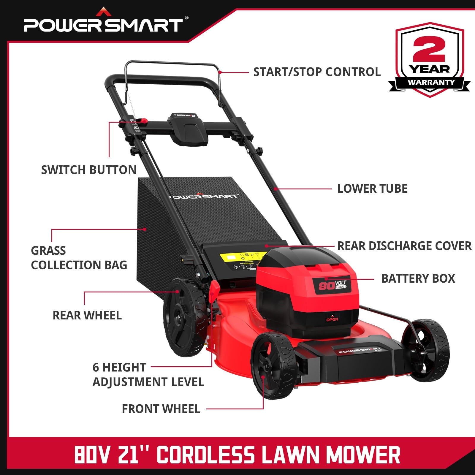 PowerSmart 80V MAX 21 Cordless Lawn Mower, 3-in-1 Brushless Electric Lawn Mower with 6.0Ah Battery and Charger