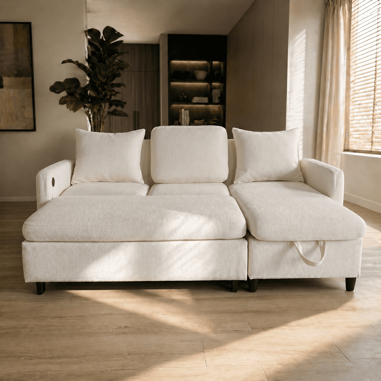 BINBANK L-Shaped Chenille Pull Out Sleeper and Storage Chaise Sectional Futon Sofa Bed with USB, Gray/Beige