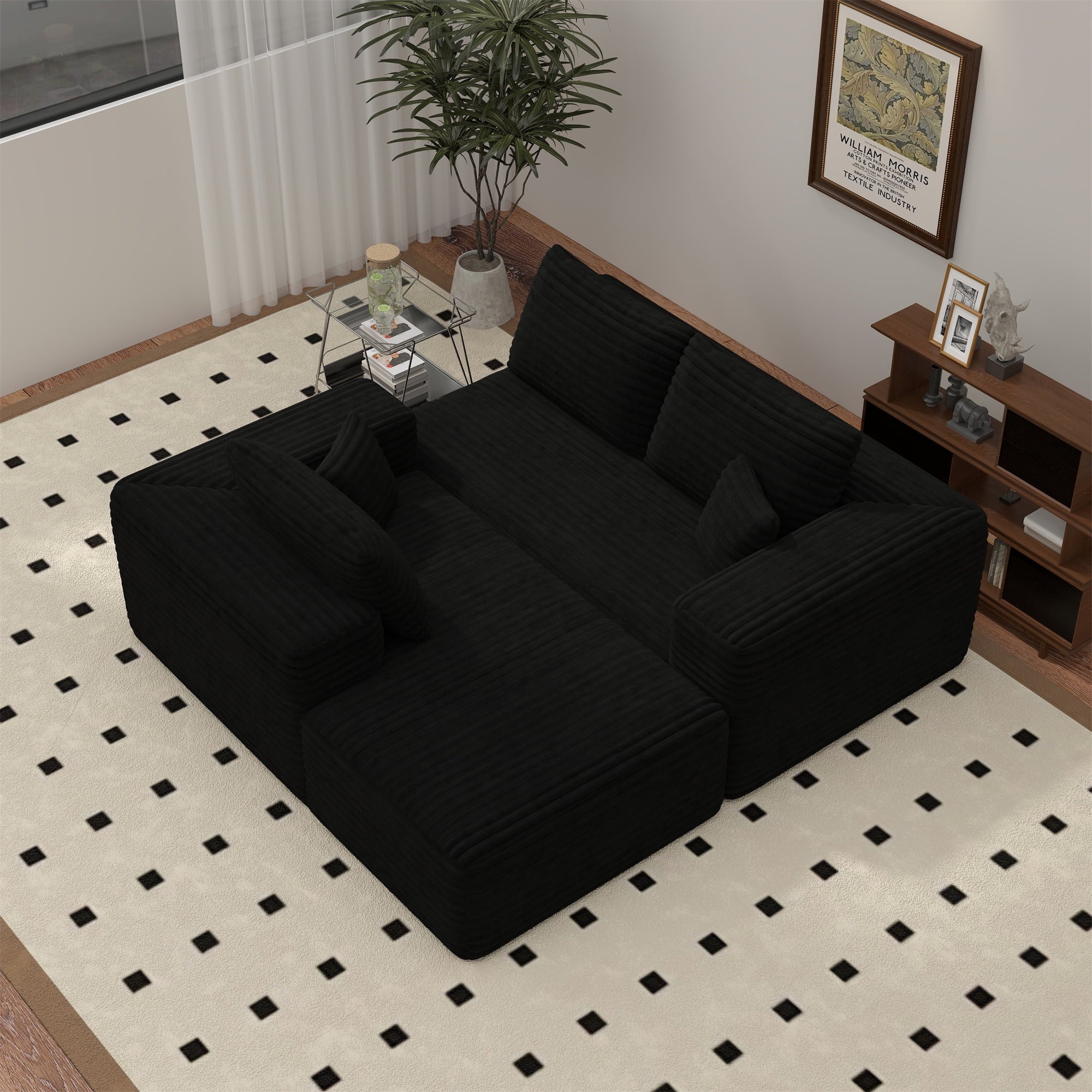 Aukfa 95 Cloud Sectional Sofa Deep Seat Boneless Couch Modular L-Shaped Couch, Left Chaise Corduroy Sofa for Living Room, Black