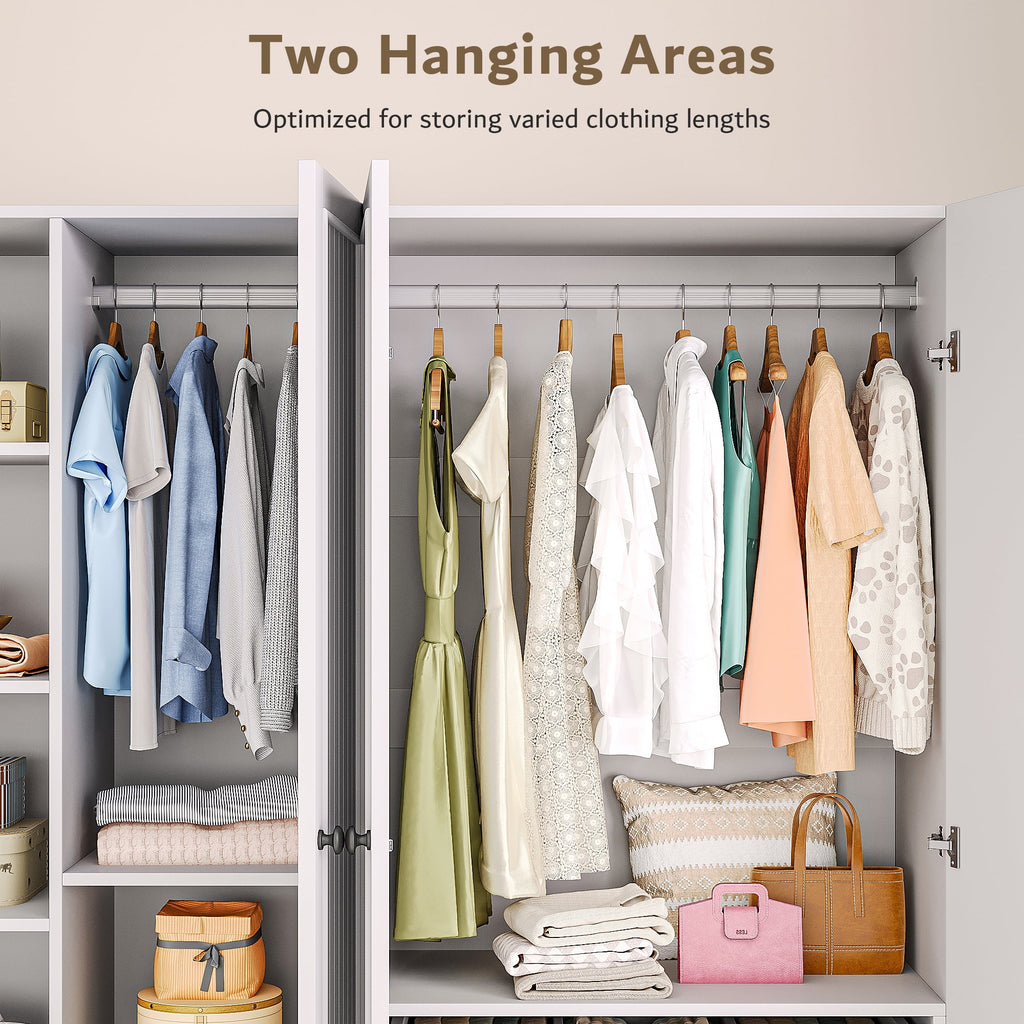 Virans  4 Door Armoire Wardrobe Closet with 2 Drawers,Adjustable Shelves & Hanging Rods,63 W Wood Clothes Cabinet Organizer for Bedroom,White