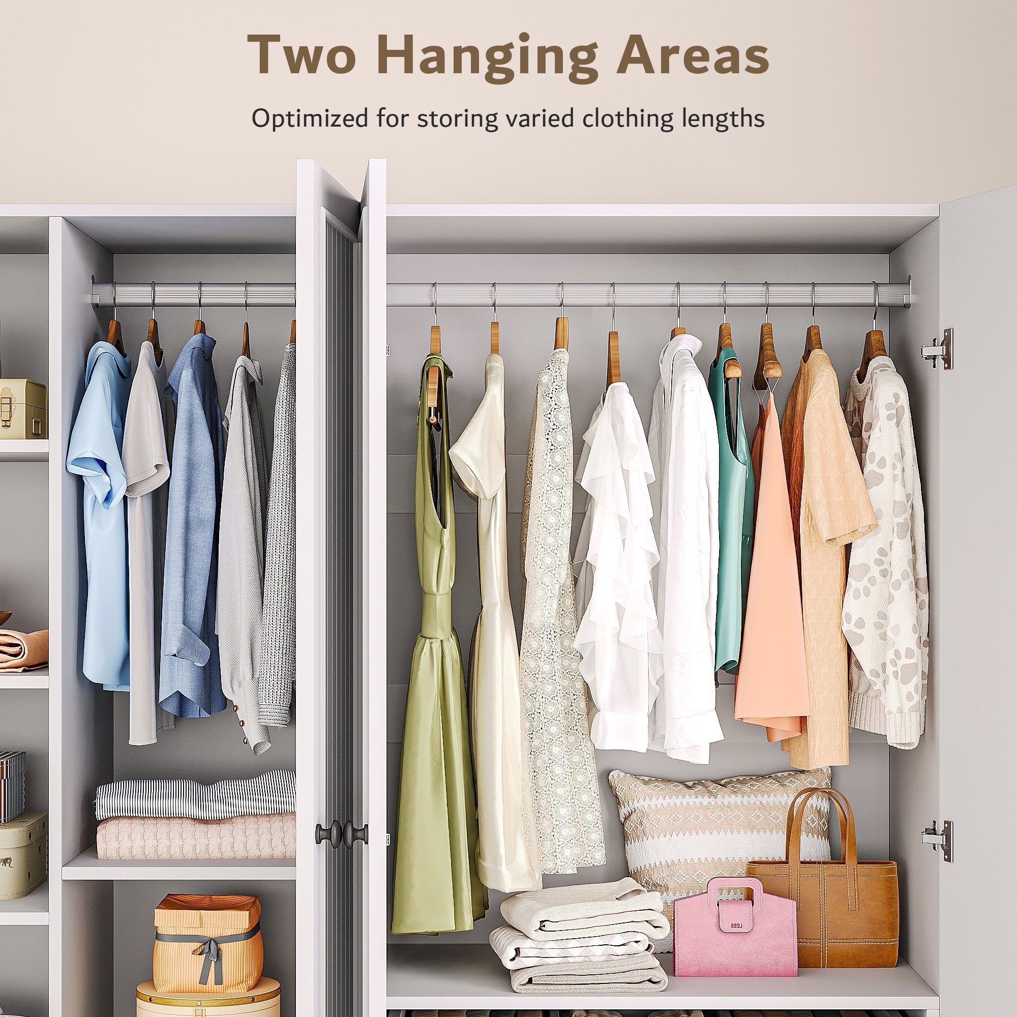 Virans  4 Door Armoire Wardrobe Closet with 2 Drawers,Adjustable Shelves & Hanging Rods,63 W Wood Clothes Cabinet Organizer for Bedroom,White