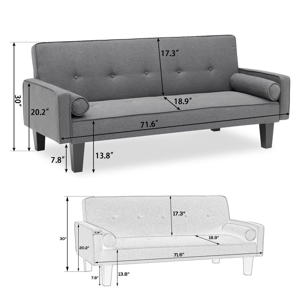 Bianlte 72 Futon Sofa Bed,Upholstered Folding Futon Sofa Couch,Modern Sofa Twin Size Futon Bed with Removable Armrests for Compact Living Space,Apartment,Gray03