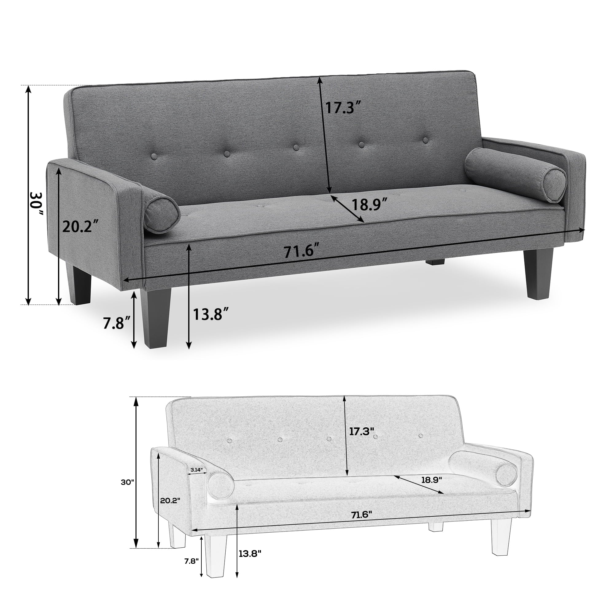 Bianlte 72 Futon Sofa Bed,Upholstered Folding Futon Sofa Couch,Modern Sofa Twin Size Futon Bed with Removable Armrests for Compact Living Space,Apartment,Gray03