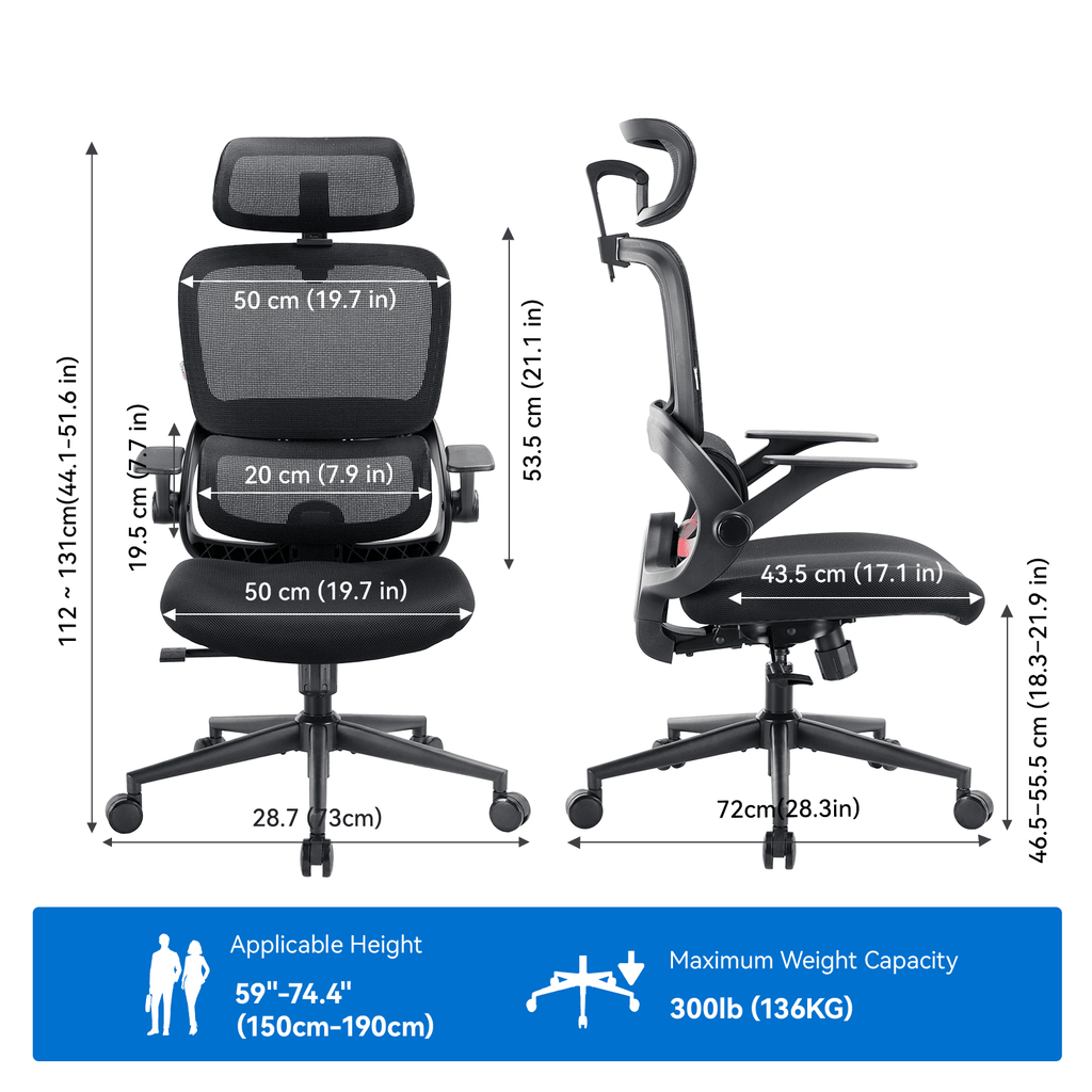 SIHOO B100 Se Office Chair, Executive Chair with Cotton Seat, Dual-Back Ergonomic Chair, 2D Adjustable Headrest & Flip Link Armrest, Comfort Mesh Chair for Home Office & Gaming, 265lbs, Gray