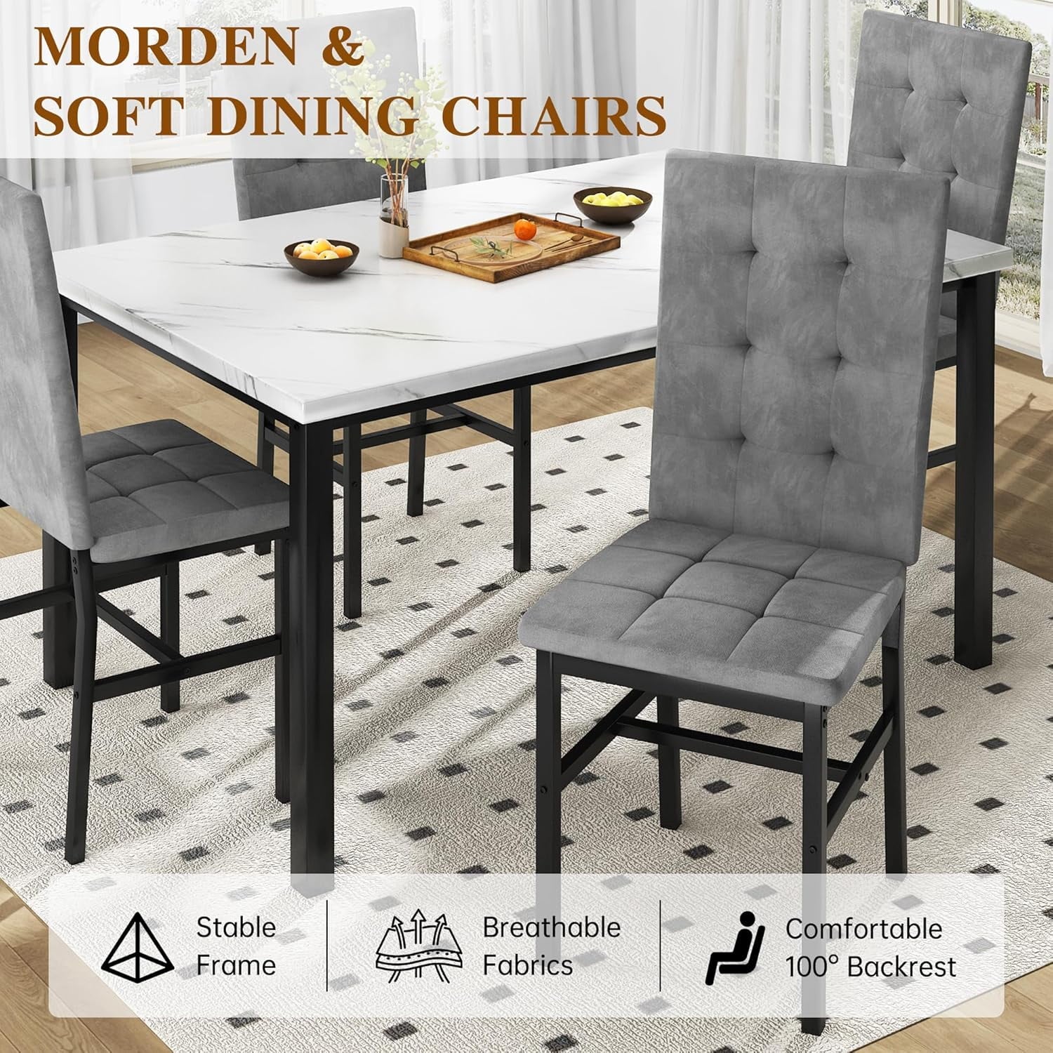 LinkRomat 5-Piece Faux Marble Dining Table Set for 4, Modern Kitchen Table with Chairs, Dinette Dining Room Furniture Set for Compact Space Saving