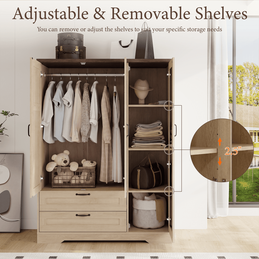 Brafabhome 71H Armoire Wardrobe Closet with 2 Drawers, Farmhouse 2 Doors Armoire Cabinet with Hanging Rod, Modern Freestanding Wardrobe Clothes Cabinet for Bedroom | Gray