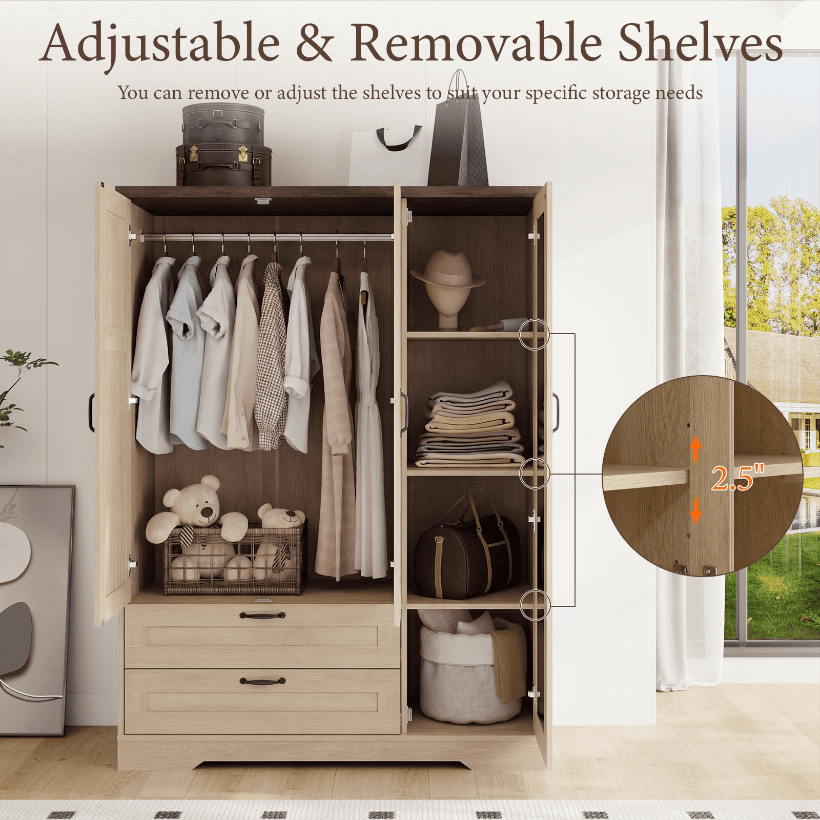Brafabhome 71H Armoire Wardrobe Closet with 2 Drawers, Farmhouse 2 Doors Armoire Cabinet with Hanging Rod, Modern Freestanding Wardrobe Clothes Cabinet for Bedroom | Gray