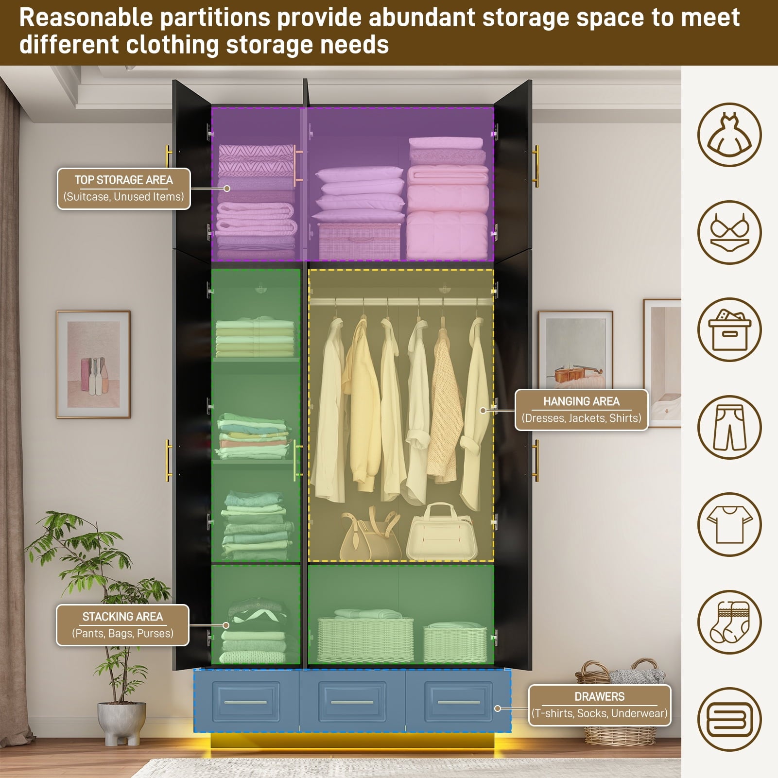 ChVans 3 Door Armoire Wardrobe Closet with Top Cabinet and Mirror, 94.5'' LED Wardrobe Armoire with 3 Drawers, Hanging Rod & Multi-Layer Shelves for Bedroom, Black