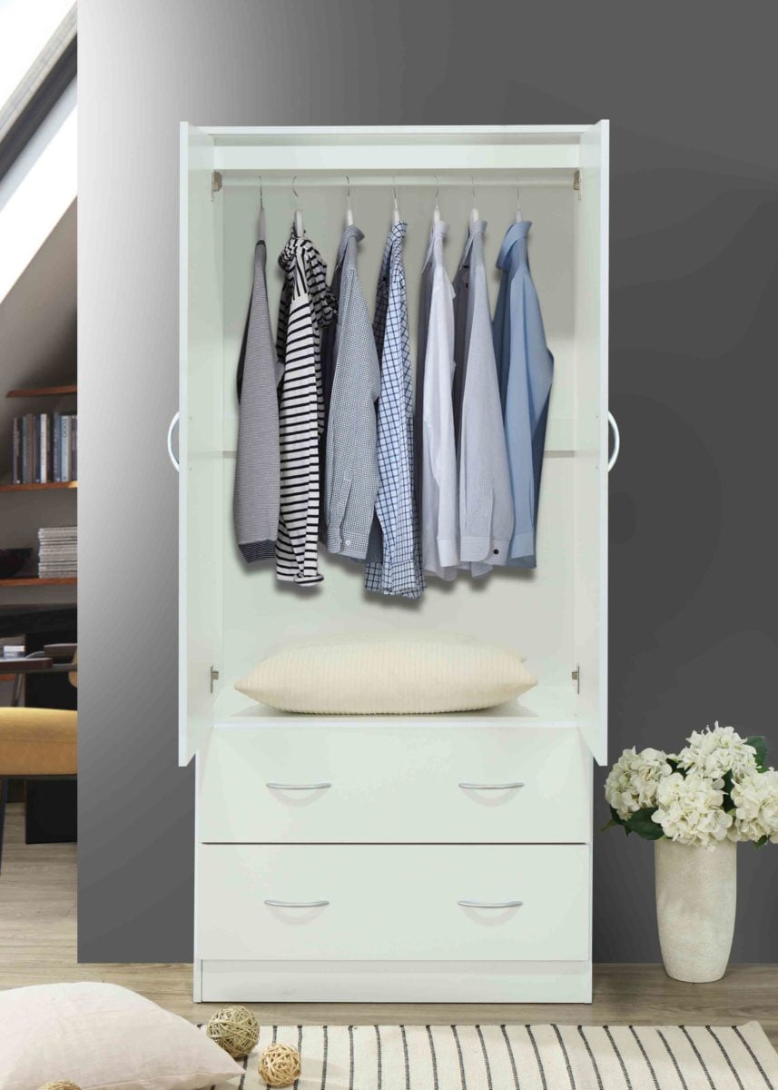 Hodedah Two Door Wardrobe with Two Drawers and Hanging Rod plus Mirror, Black
