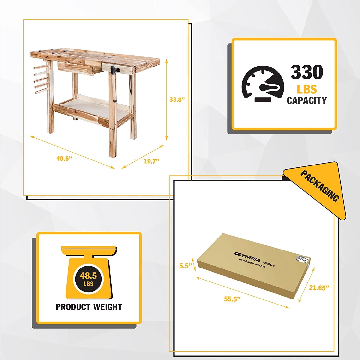 Olympia Tools 48-inch Wood Workbench - 330 lbs Weight Capacity Wooden Workbench for Garage, Workshop and Home - Acacia Woodworking Bench
