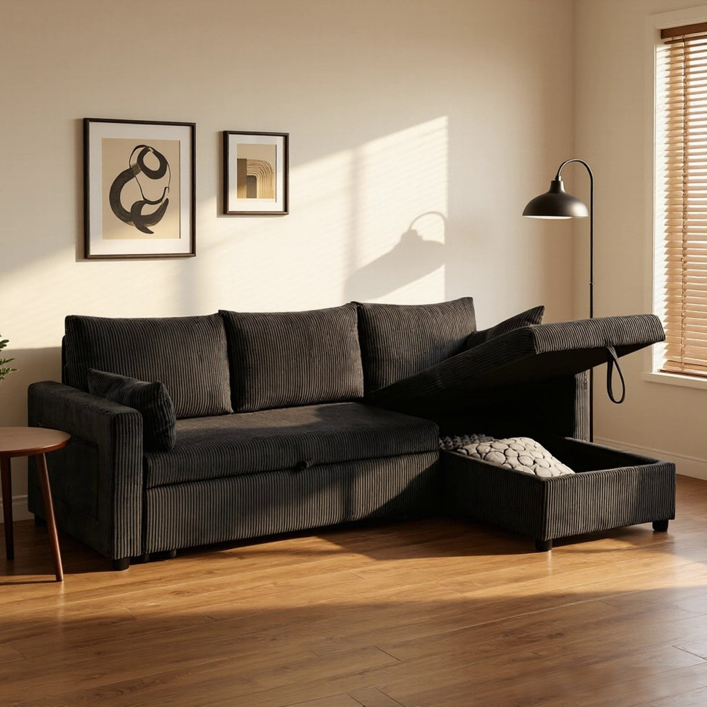 BSHTI L-Shaped Pull-Out Sleeper Sofa Bed with Storage Chaise, 3-Seater Convertible Corduroy Sectional Couch, Solid Wood & Iron Frame, Black