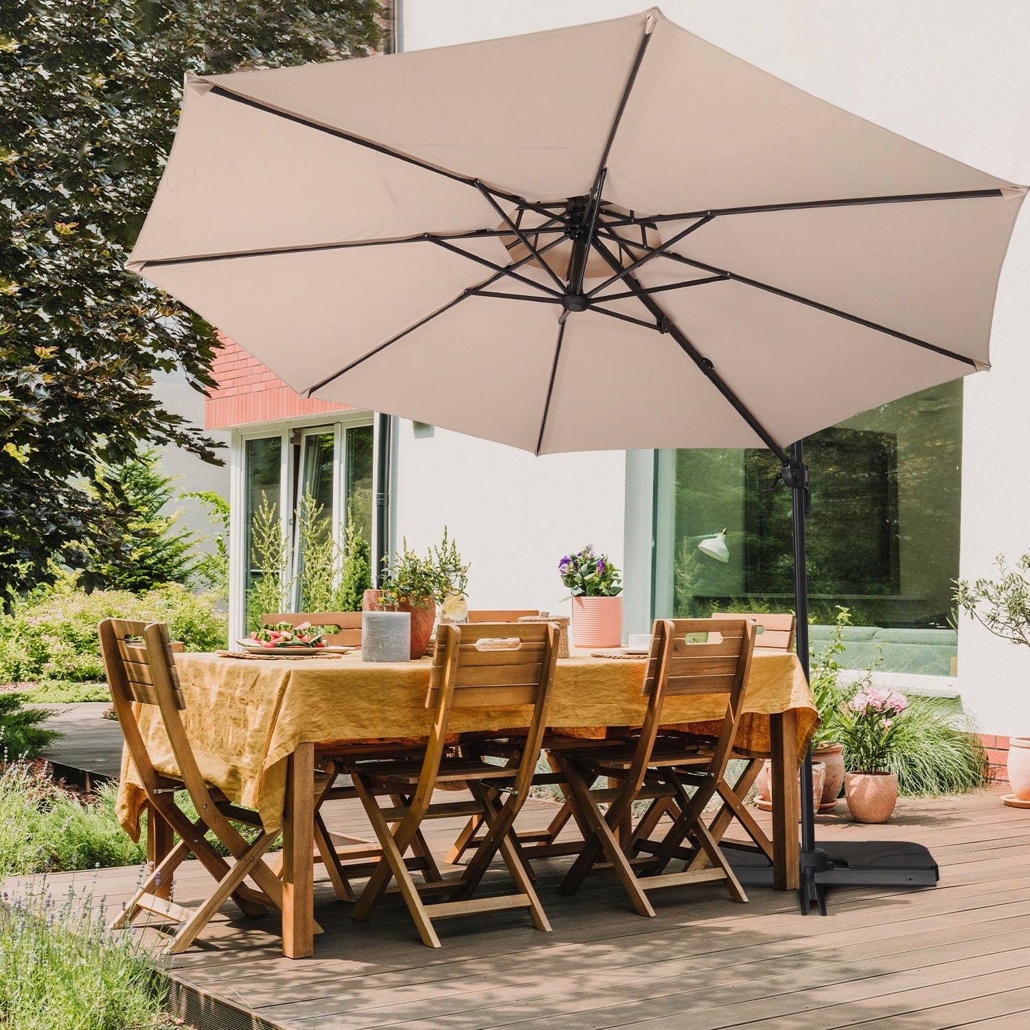 Ainfox 10ft Double Top Heavy-Duty Patio Cantilever Umbrella with lights and Cross Base, Outdoor Large Offset Hanging Aluminum Rotation Sun Shade Solar Umbrella with 360°Rotation Adjustable,Khaki